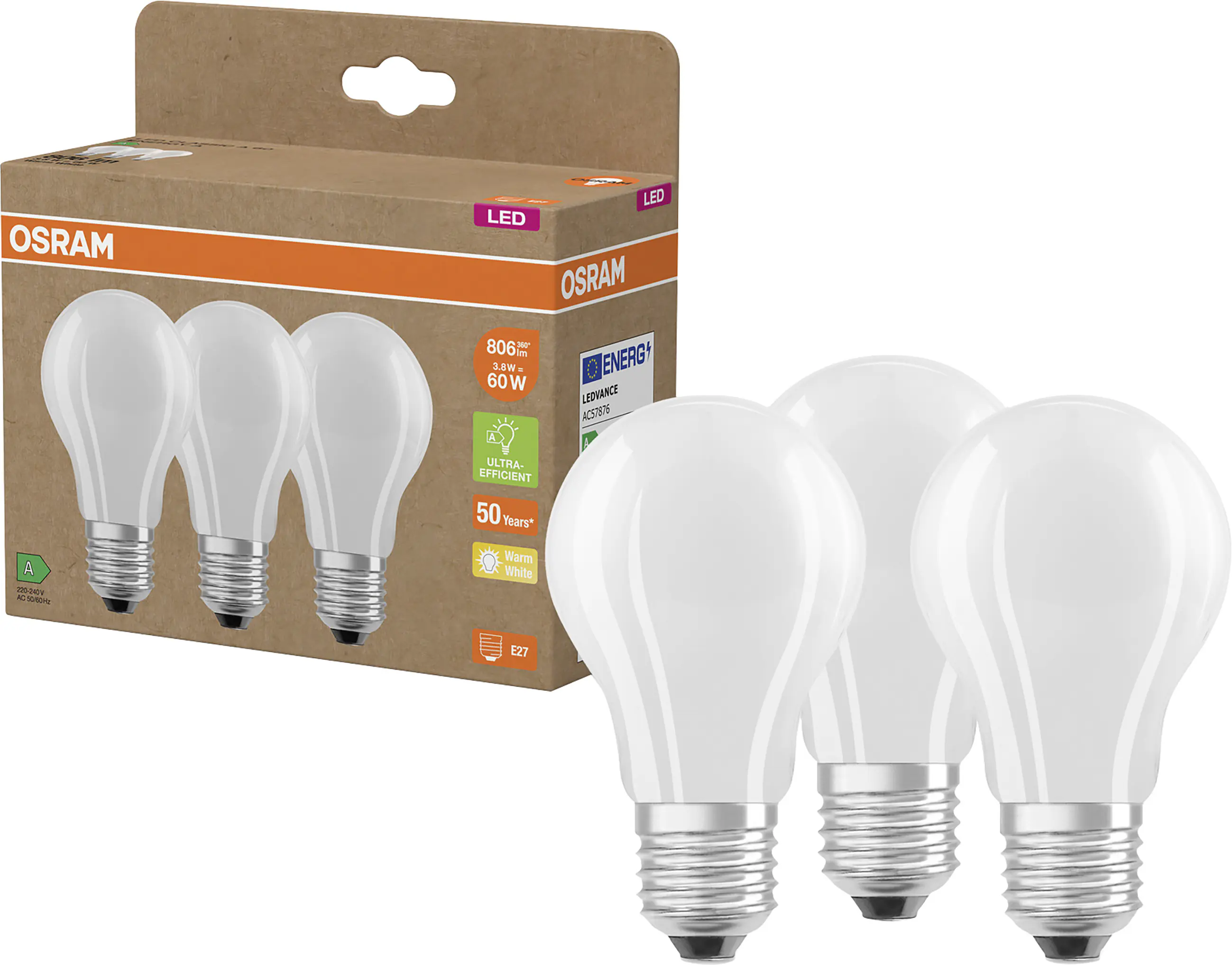 Osram LED Leuchtmittel Classic E27 3er Pack 3,8W matt warmweiß