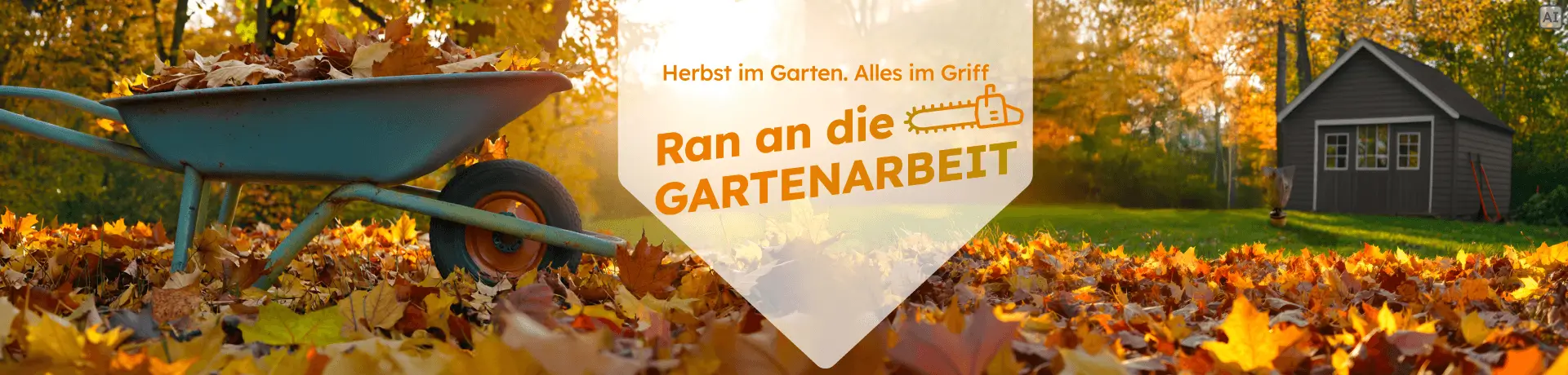 „Herbst im Garten. Alles im Griff – Ran an die Gartenarbeit“ mit Schubkarre voller Laub und Gartenhaus im herbstlichen Garten.