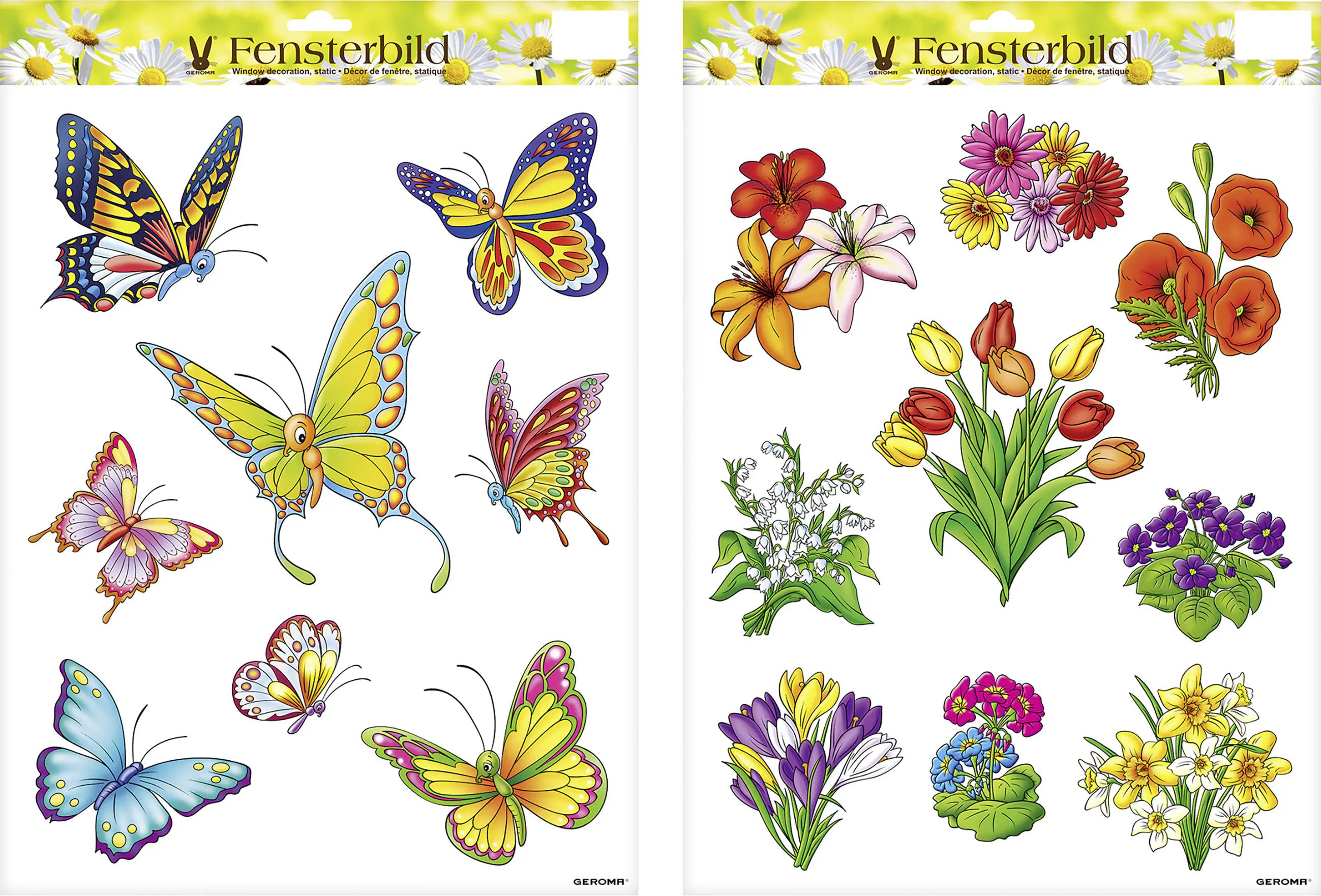 Fensterbild Frühjahr mit Blumen und Schmetterlingen bunt 1 Bogen+