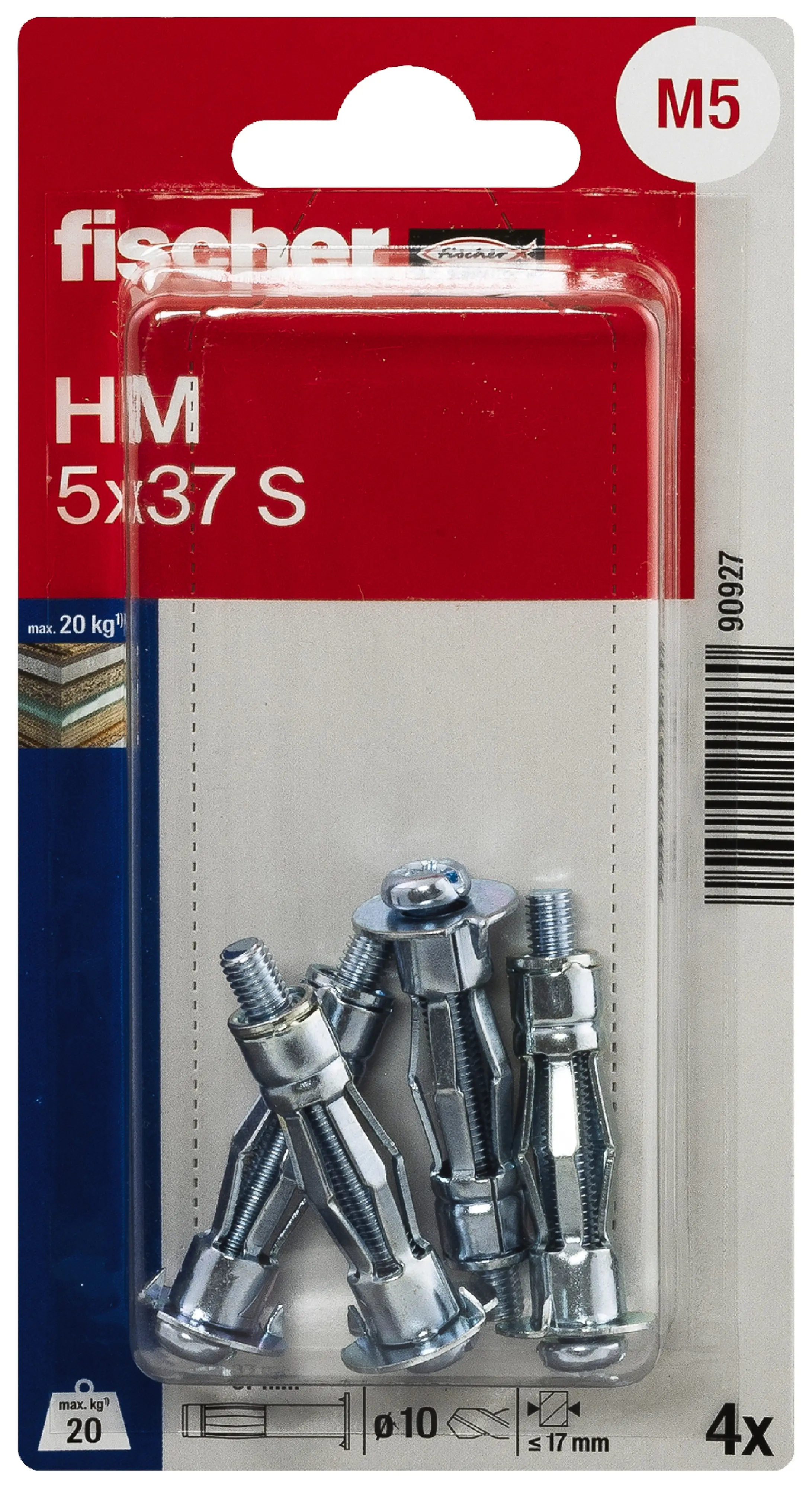 Fischer Hohlraum-Metalldübel HM 5 x 37 mm mit metrischer Schraube - 4 Stück