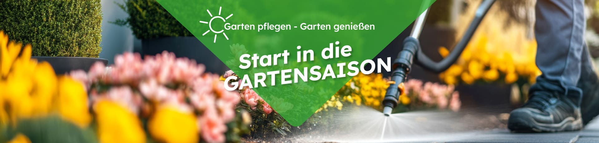 Blumenbeet und Person mit Gartenschlauch beim Reinigen. Text: Garten pflegen – Garten genießen‘ 