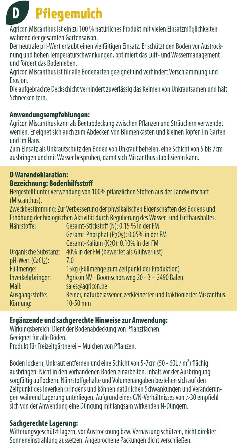 Agricon Pflegemulch Miscanthus 15 kg Agricon Pflegemulch Miscanthus 15 kg