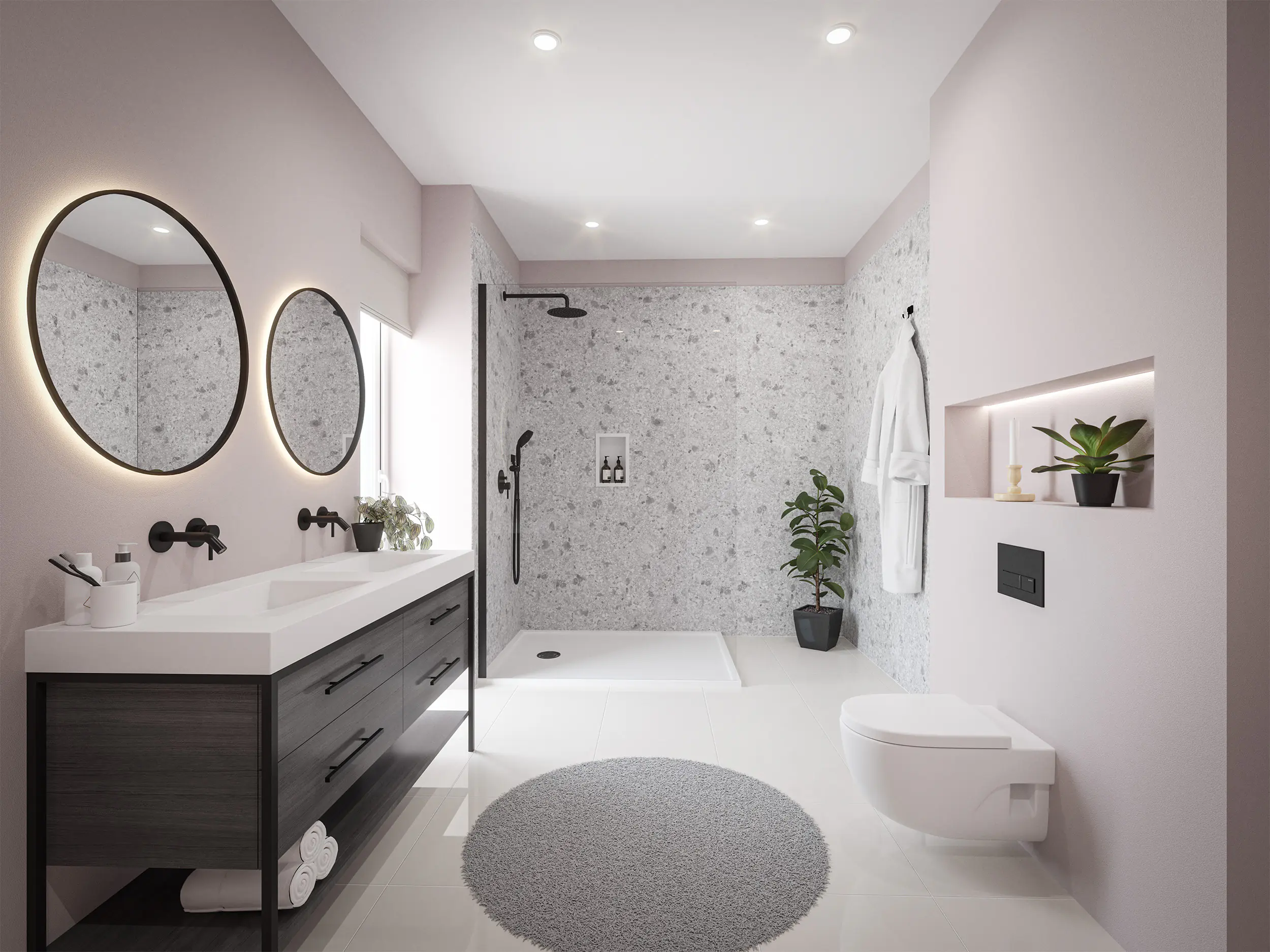 Wetwall Elite Wandpaneel  Terrazzo White 120 x 242 cm mit abgerundeter Abschlusskante