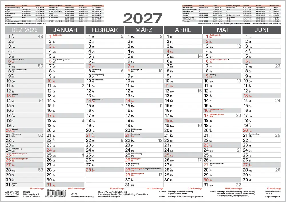 Korsch Tafelkalender 2027 A5