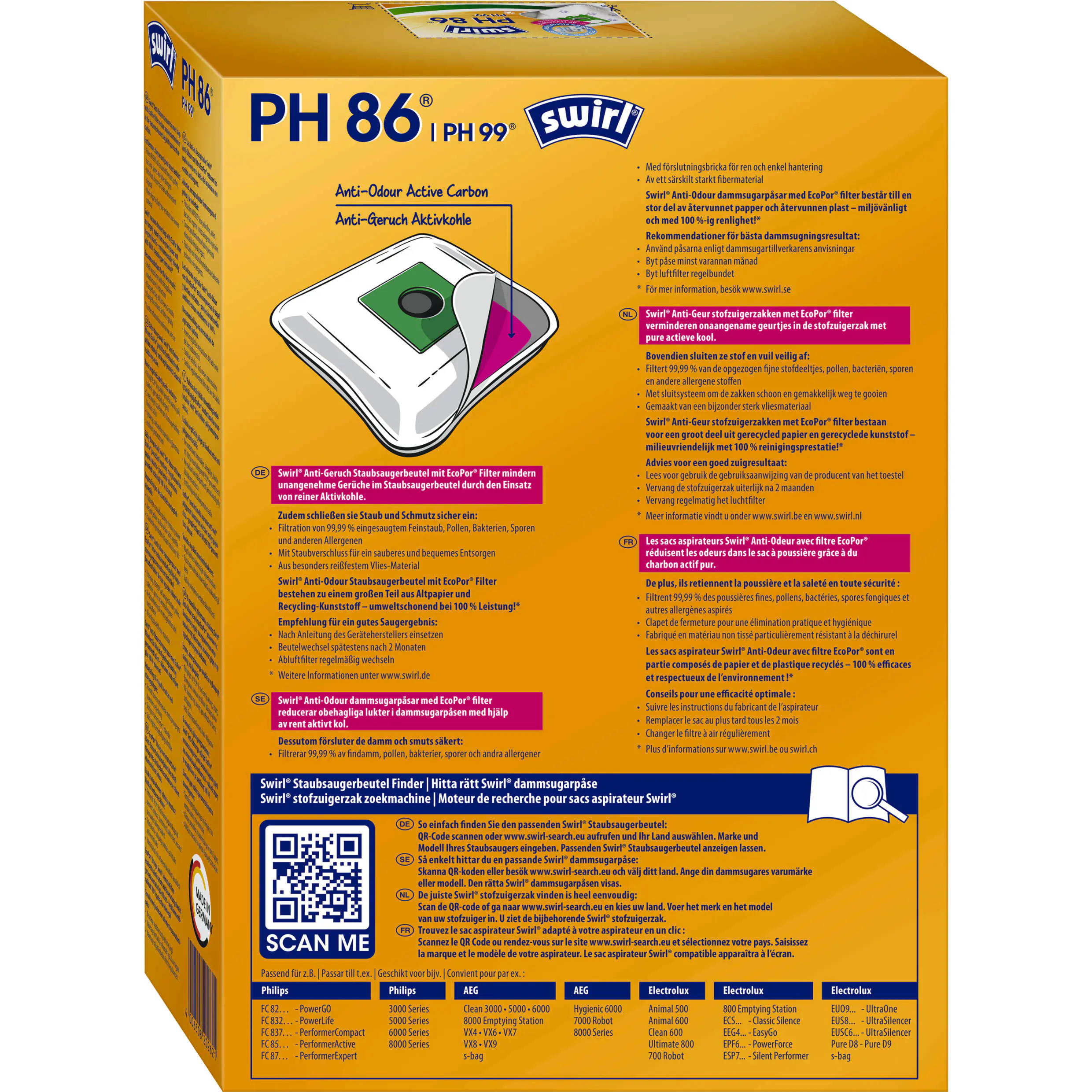 Swirl PH 86 / PH 99 EcoPor Anti-Geruch Staubsaugerbeutel 4 Staubbeutel + 1 Filter