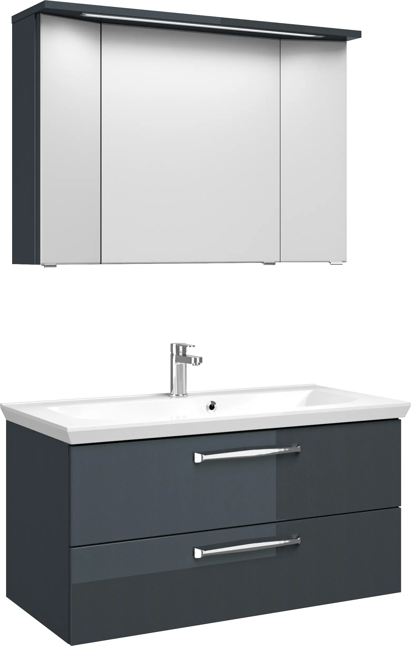 Pelipal Badmöbel-Set Trentino Anthrazit Hgl mit Mineralmarmor-Waschtisch + 3D-Spiegelschrank 110 cm
