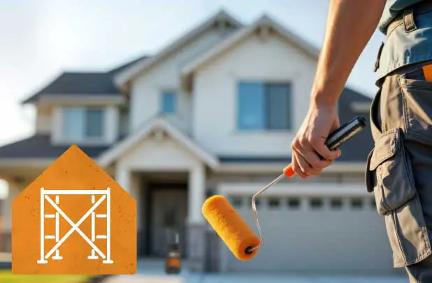 Hand eines Malers mit Farbroller vor einem Wohnhaus im Hintergrund, im Vordergrund ein orangefarbenes Haus-Symbol mit einem weißen Gerüst-Symbol darauf.