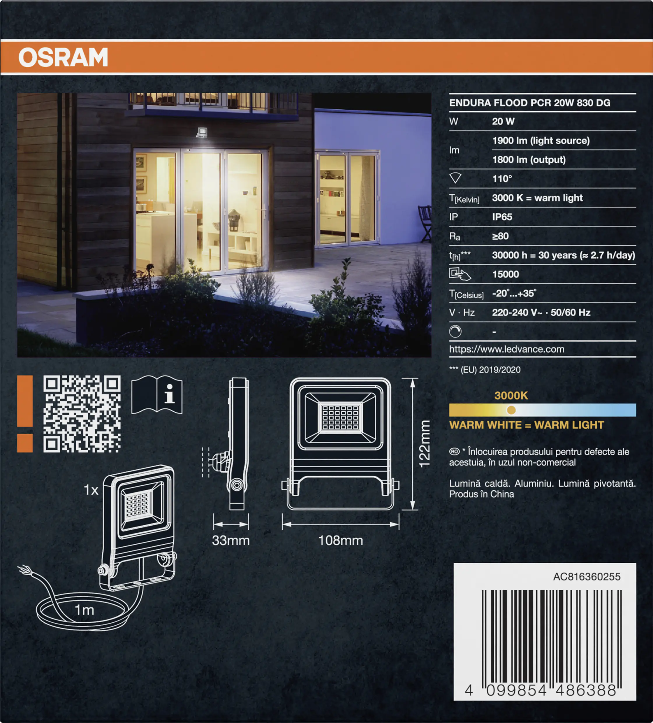 Osram Außenleuchte ENDURA Flood 20W PCR dunkelgrau warmweiß