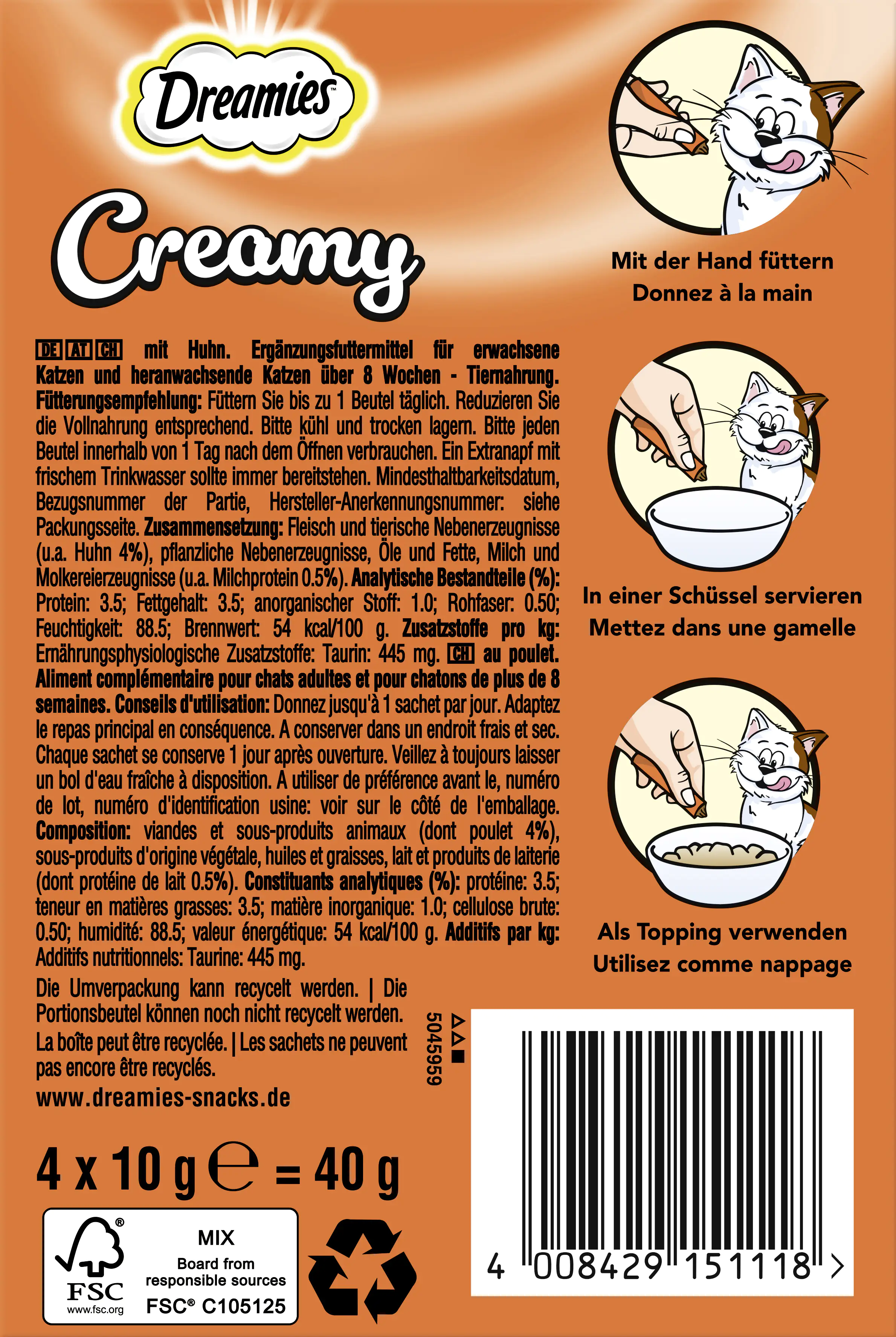 Dreamies Creamy Snacks mit Huhn Katzensnack 4 x 10 g Multipack Dreamies Creamy Snacks mit Huhn Katzensnack 4 x 10 g Multipack