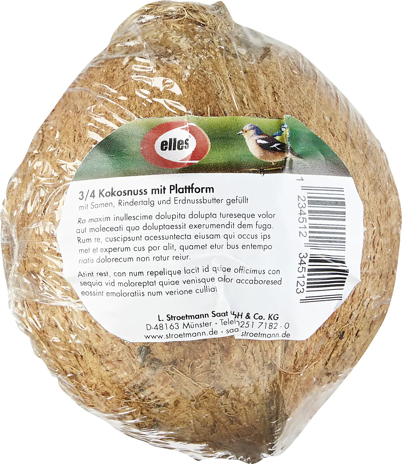 Elles Vogelfutter - Erdnussbuttermix 400 g in 3/4 Kokosnuss