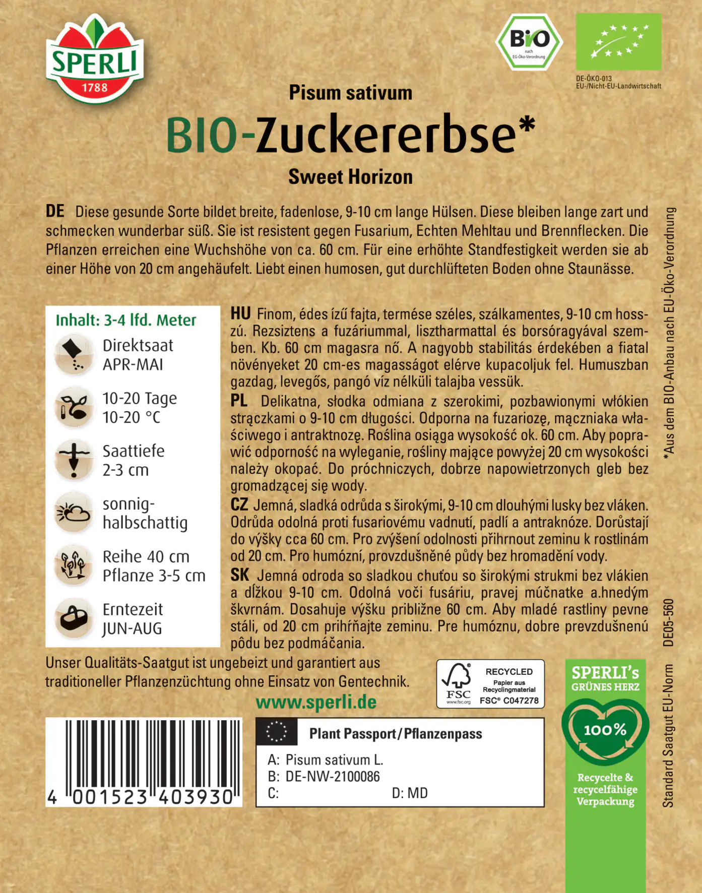 Sperli BIO Zuckererbse