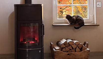 Moderner Kamin mit brennendem Feuer, daneben gestapeltes Kaminholz, im Hintergrund sitzt eine Katze auf der Fensterbank