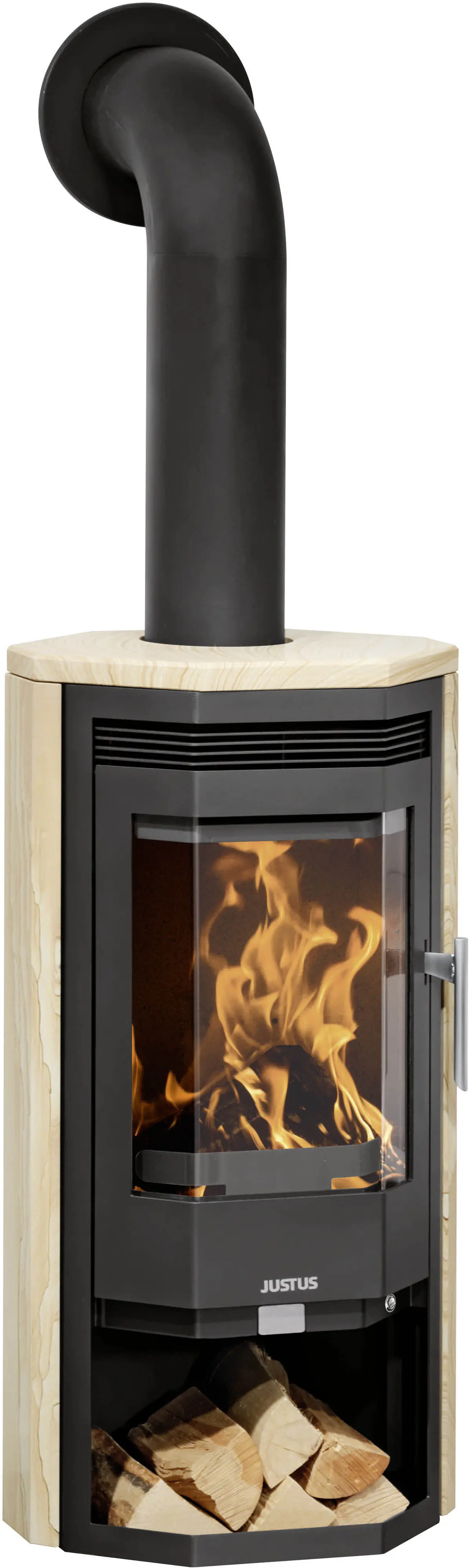 Justus Kaminofen Usedom 5 Sandstein Stahl schwarz dauerbrennend 5,5 kW