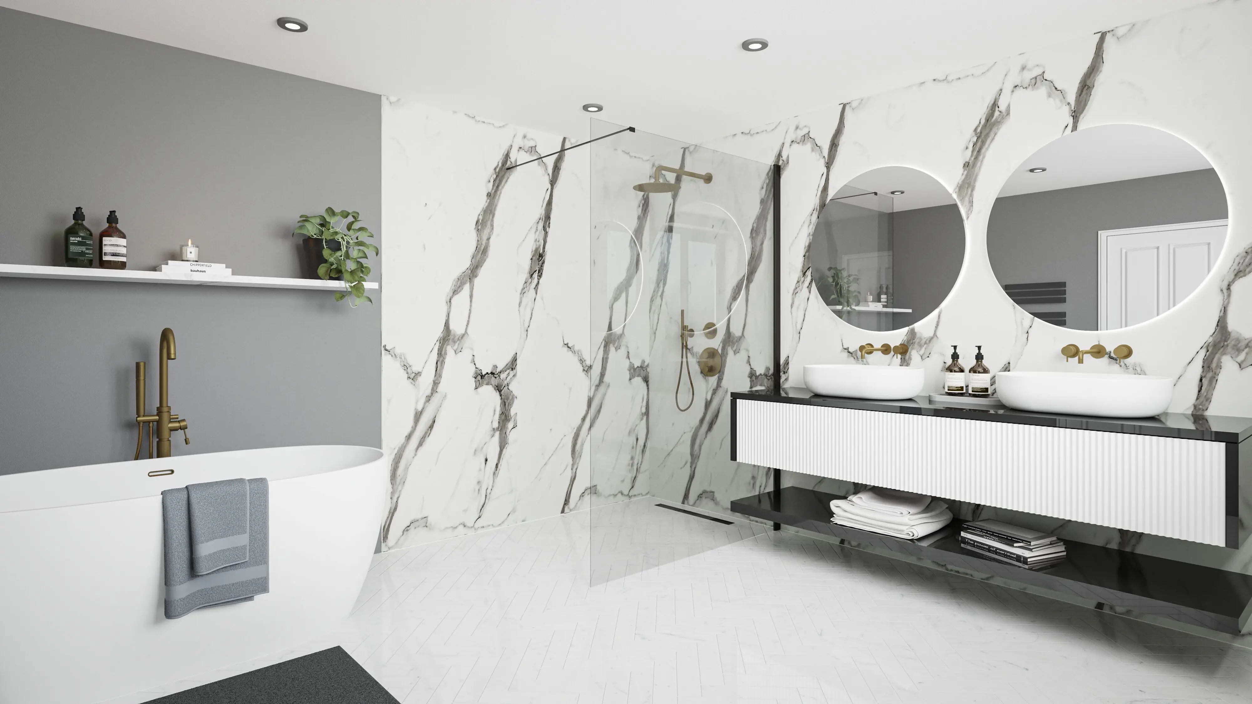 Wetwall Elite Wandpaneel  Calacatta Statuario 16 x 242 cm mit abgerundeter Abschlusskante