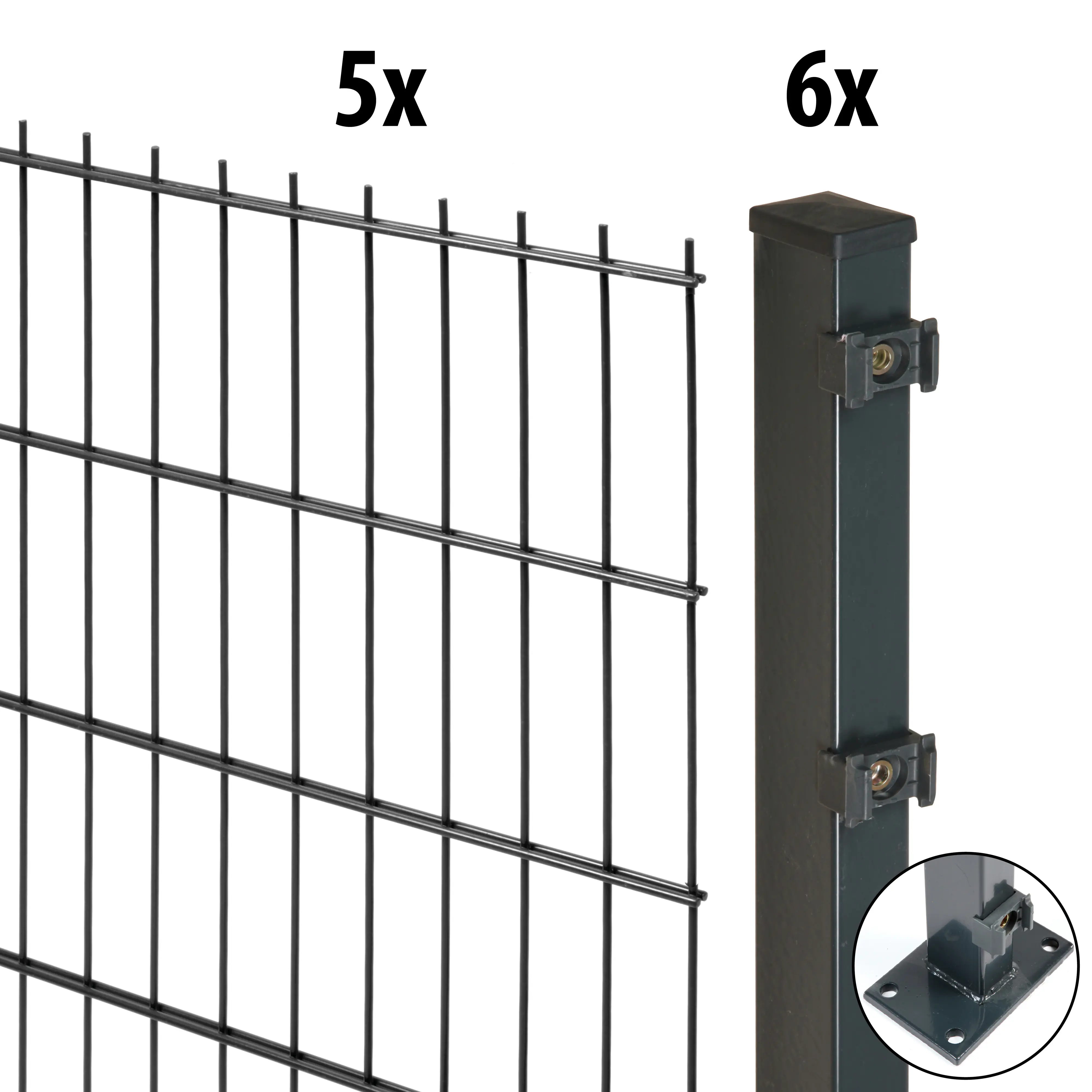 Floraworld Doppelstabmatten-Zaun Set Comfort 10 m 201 x 183 cm mit Bodenplatte & 6 Pfosten 189,3 cm anthrazit