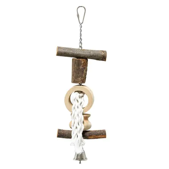 Ollesch Vogelspielzeug 28 cm Holz mit Seil und Glocke natur