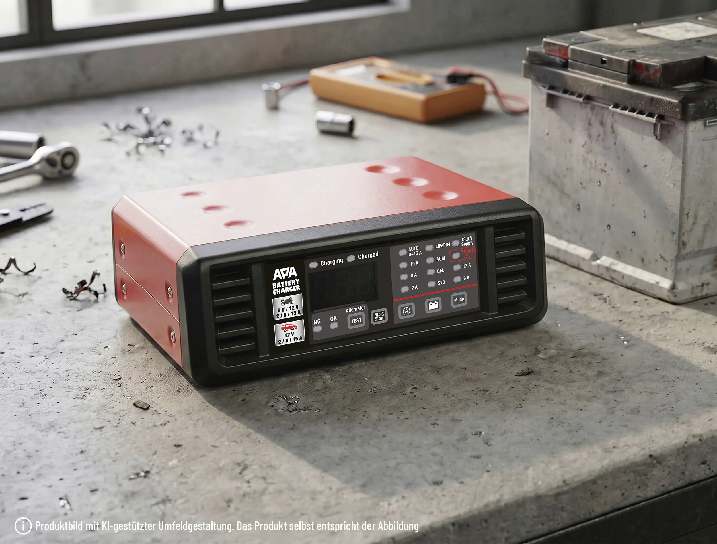 APA Werkstattladegerät für Fahrzeugbatterien 6/12 V 15 A mit 75 A Starthilfe
