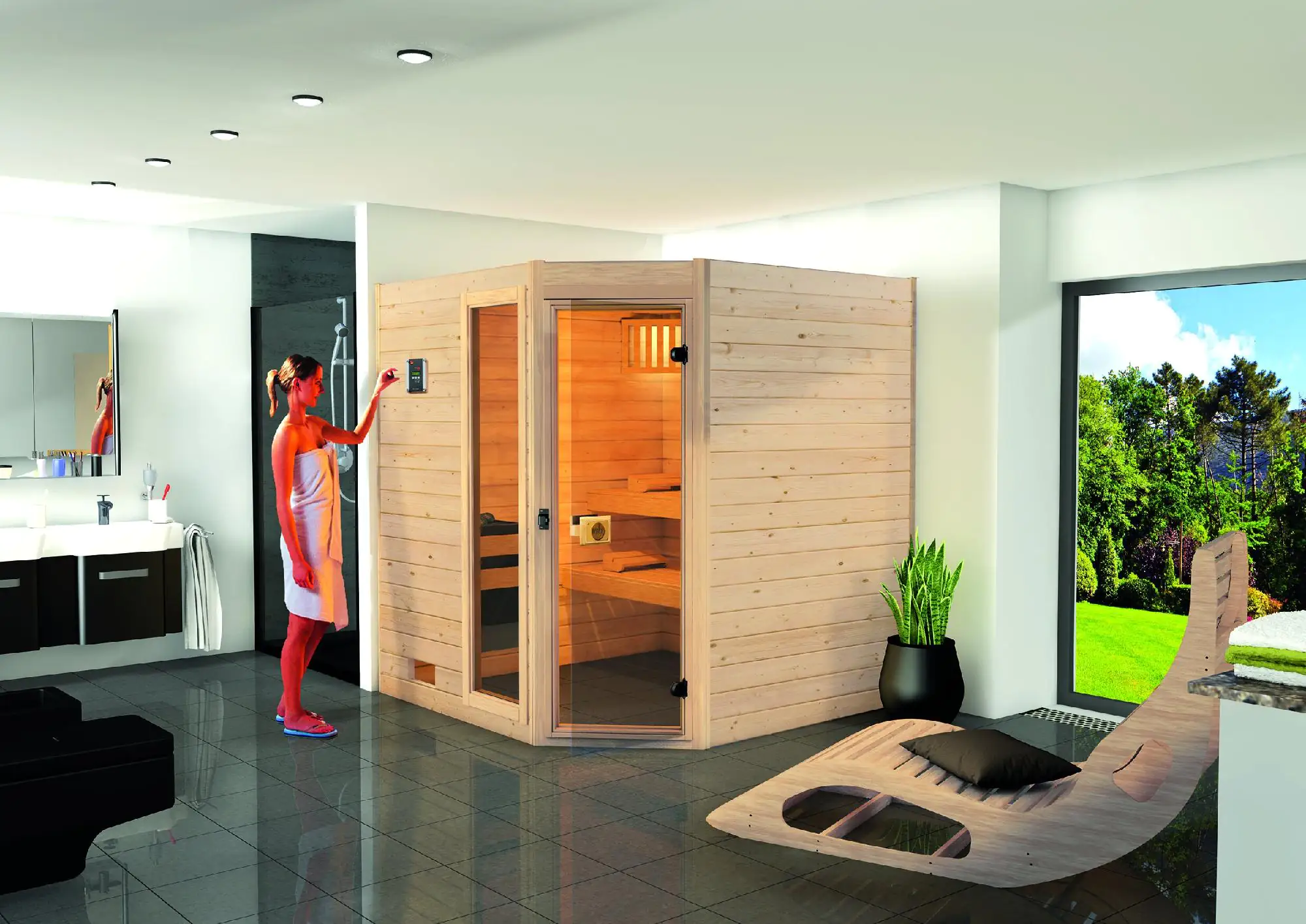Weka Massivholzsauna Valida Eck 2 mit Glastür und Fenster