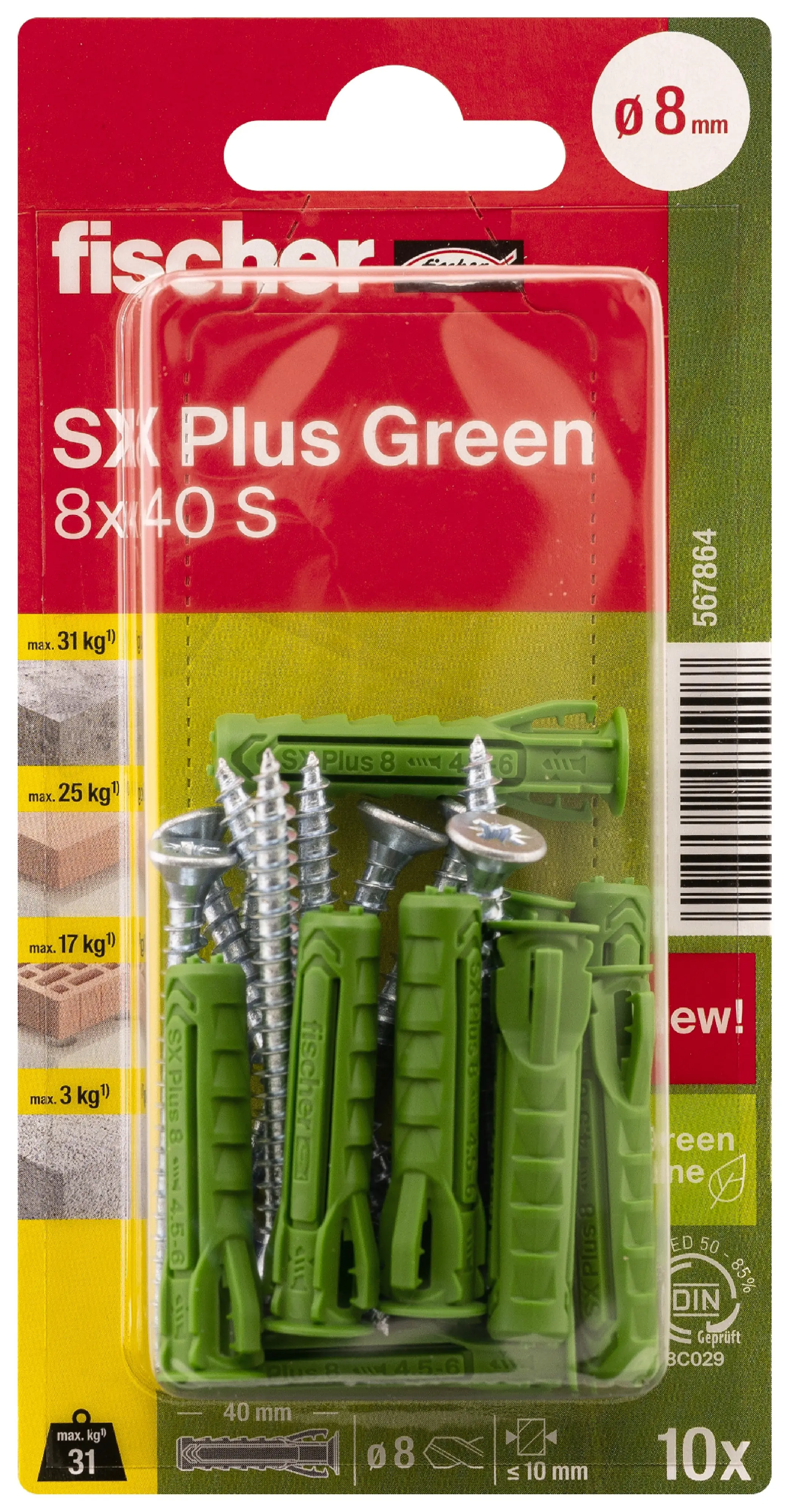 Fischer Spreizdübel mit Schrauben SX Plus Green 8.0 x 40 mm - 10 Stück Fischer Spreizdübel mit Schrauben SX Plus Green 8.0 x 40 mm - 10 Stück