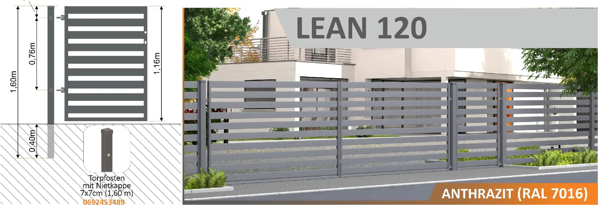 Polbram Zaunfeld Lean 120 200 x 120 cm, RAL-Farbe 7016 Polbram Zaunfeld Lean 120 200 x 120 cm, RAL-Farbe 7016