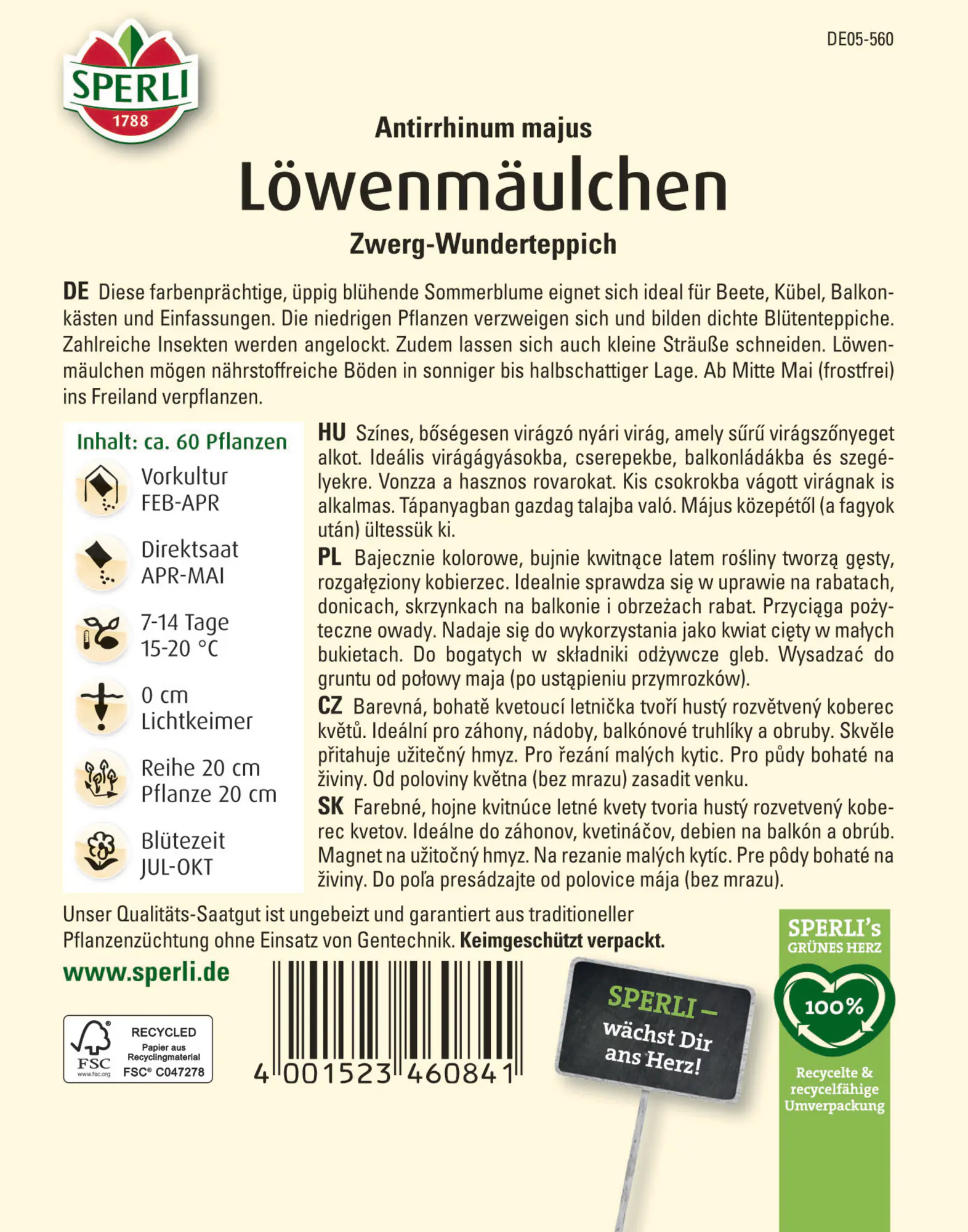 Sperli Löwenmäulchensamen Zwerg-Wunderteppich für ca. 60 Pflanzen