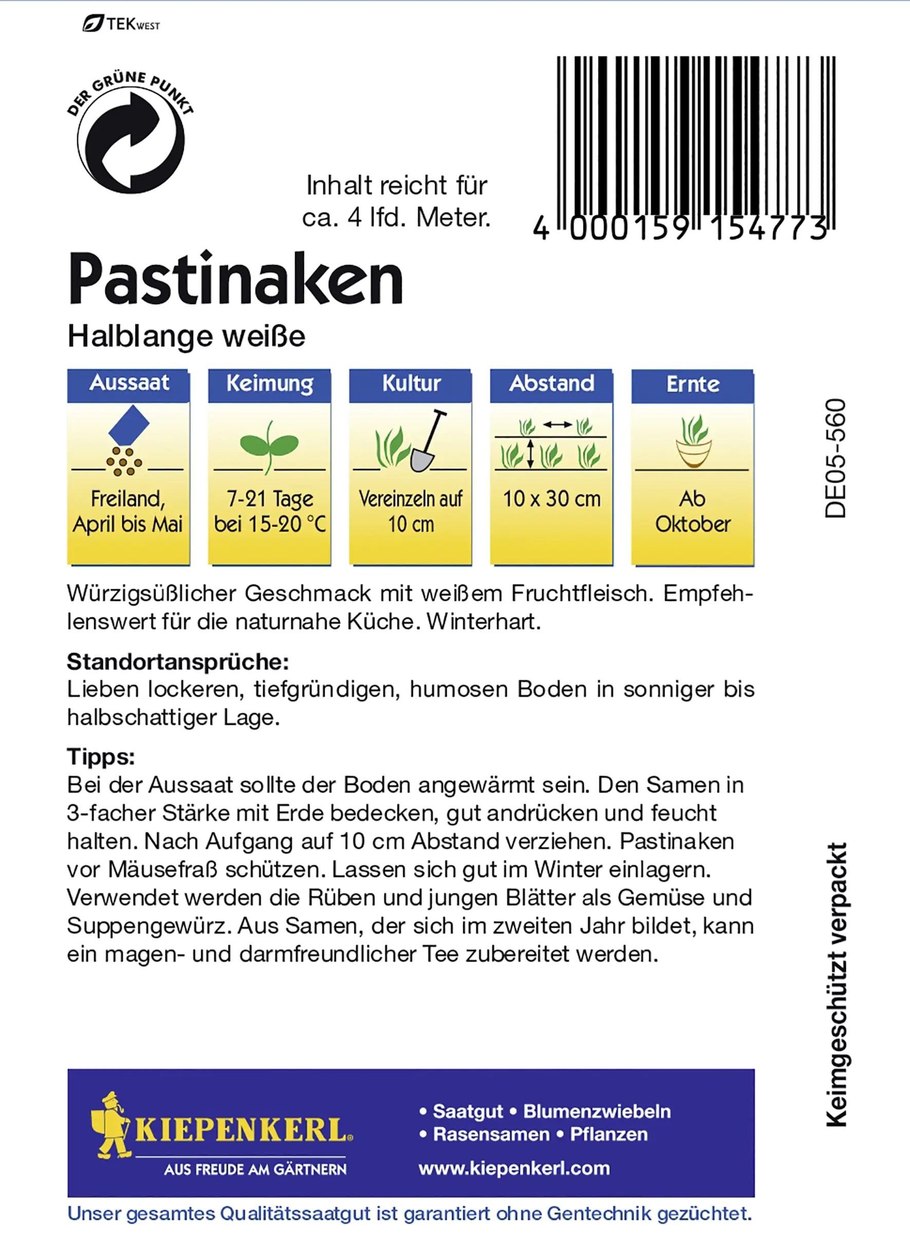 Kiepenkerl Pastinake Halblange weiße Inhalt reicht für ca. 4 lfd. Meter