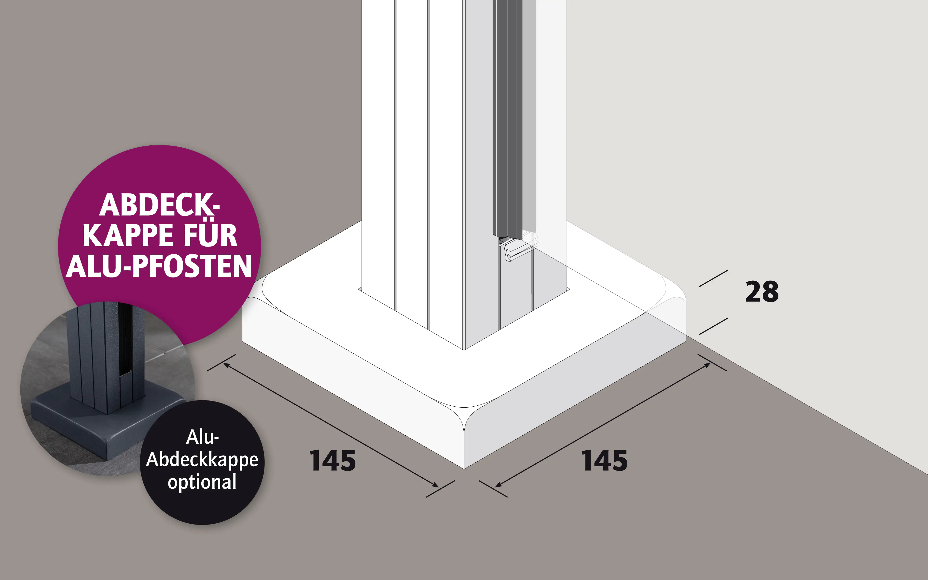 Ambiente Aluminium Abdeckkappe unten B x H: 14,5 cm x 14,5 cm, 28 mm stark Ambiente Aluminium Abdeckkappe unten B x H: 14,5 cm x 14,5 cm, 28 mm stark