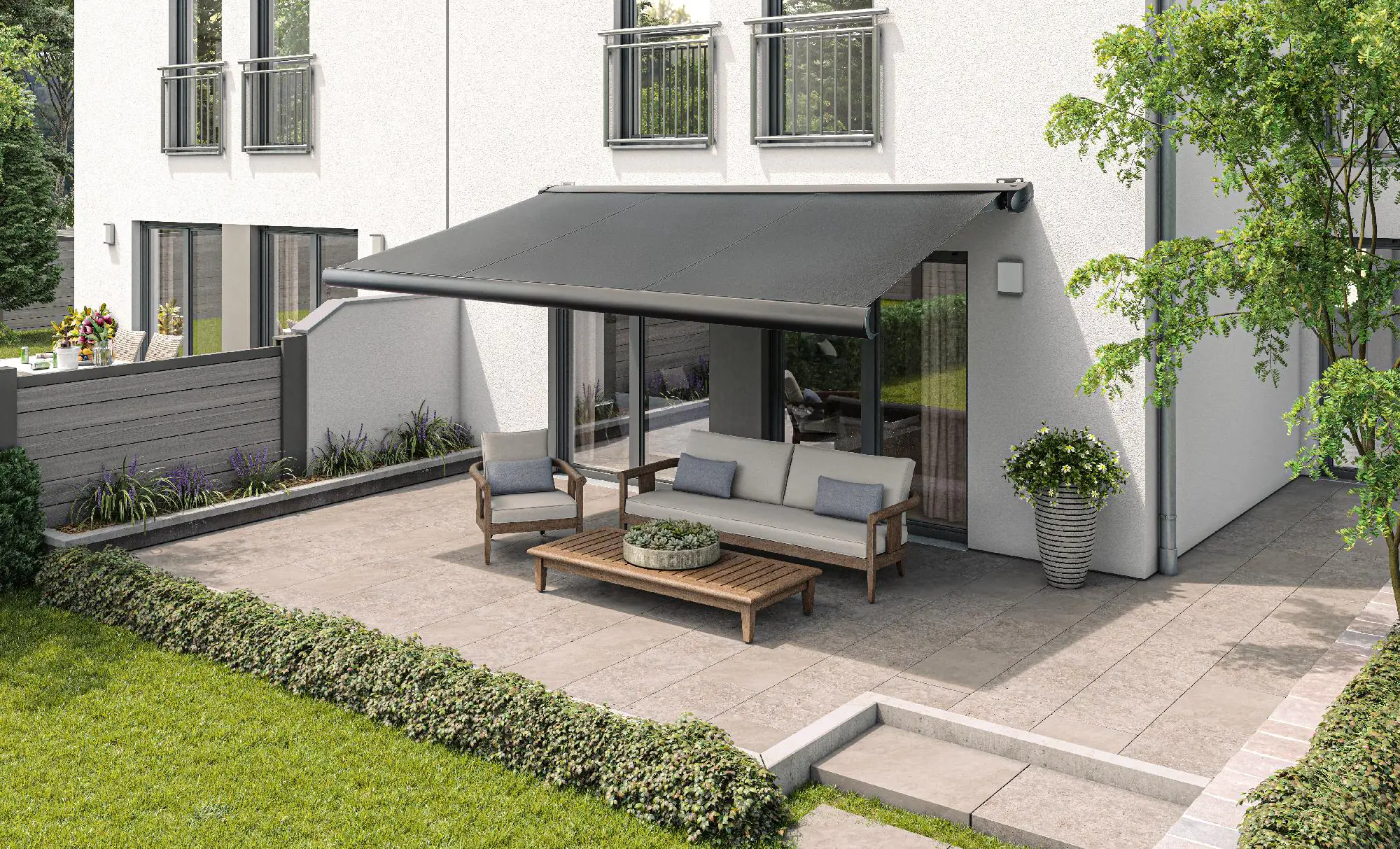 Kassetten-Markise Lyon elektrisch Farbe dunkelgrau, Breite: 400 cm, Ausfall: 300 cm Kassetten-Markise Lyon elektrisch Farbe dunkelgrau, Breite: 400 cm, Ausfall: 300 cm