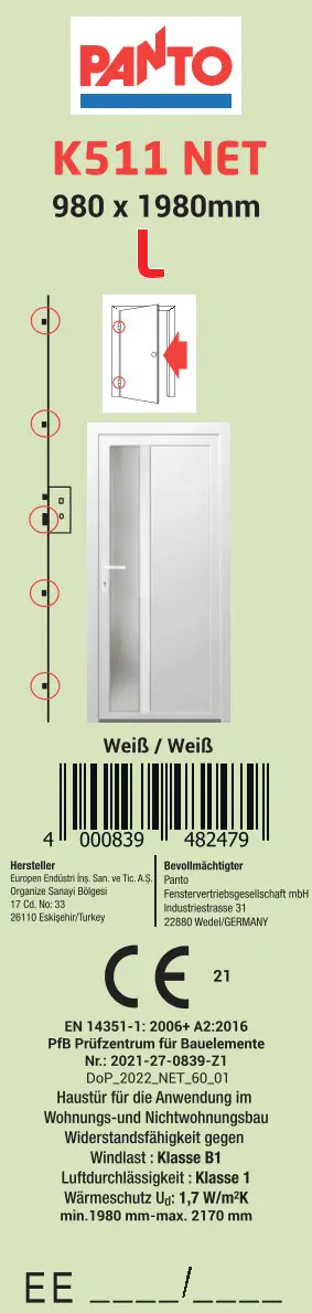 Panto Nebeneingangstür Kunststoff K511 98 x 198 cm DIN links weiß Panto Nebeneingangstür Kunststoff K511 98 x 198 cm DIN links weiß