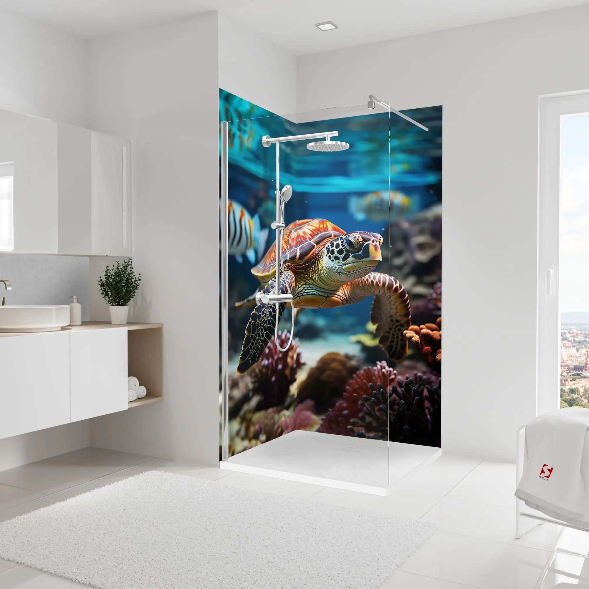 Schulte Duschrückwand Foto über Eck mit Schildkröte 90 x 210 cm