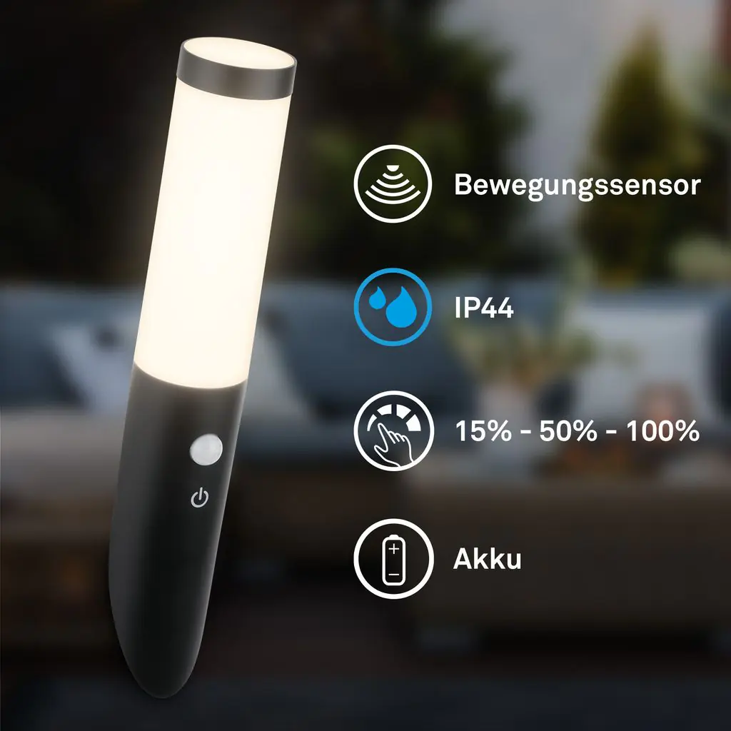 Briloner LED Akku-Außenwandleuchte Tubo schwarz 6,5W 700lm warmweiß Bewegungssensor
