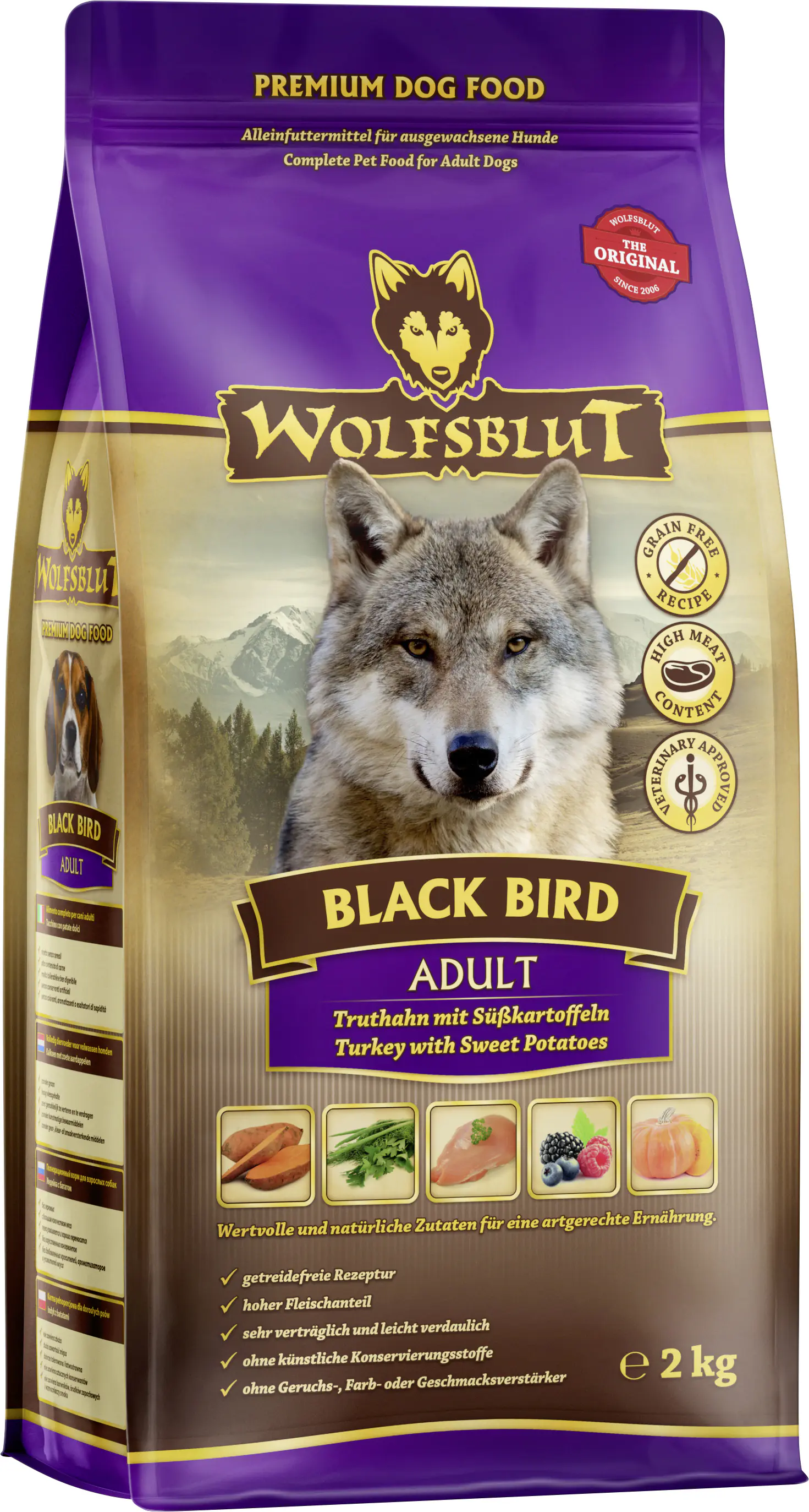 Wolfsblut Black Bird Hundetrockenfutter Adult getreidefrei 2 kg Truthahn