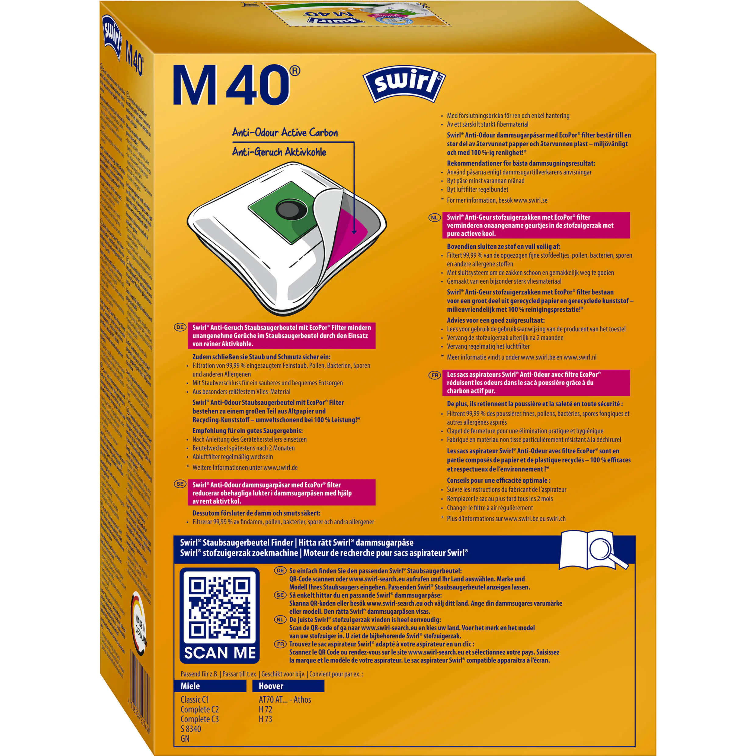 Swirl M 40 EcoPor Anti-Geruch Staubsaugerbeutel 4 Staubbeutel + 1 Filter