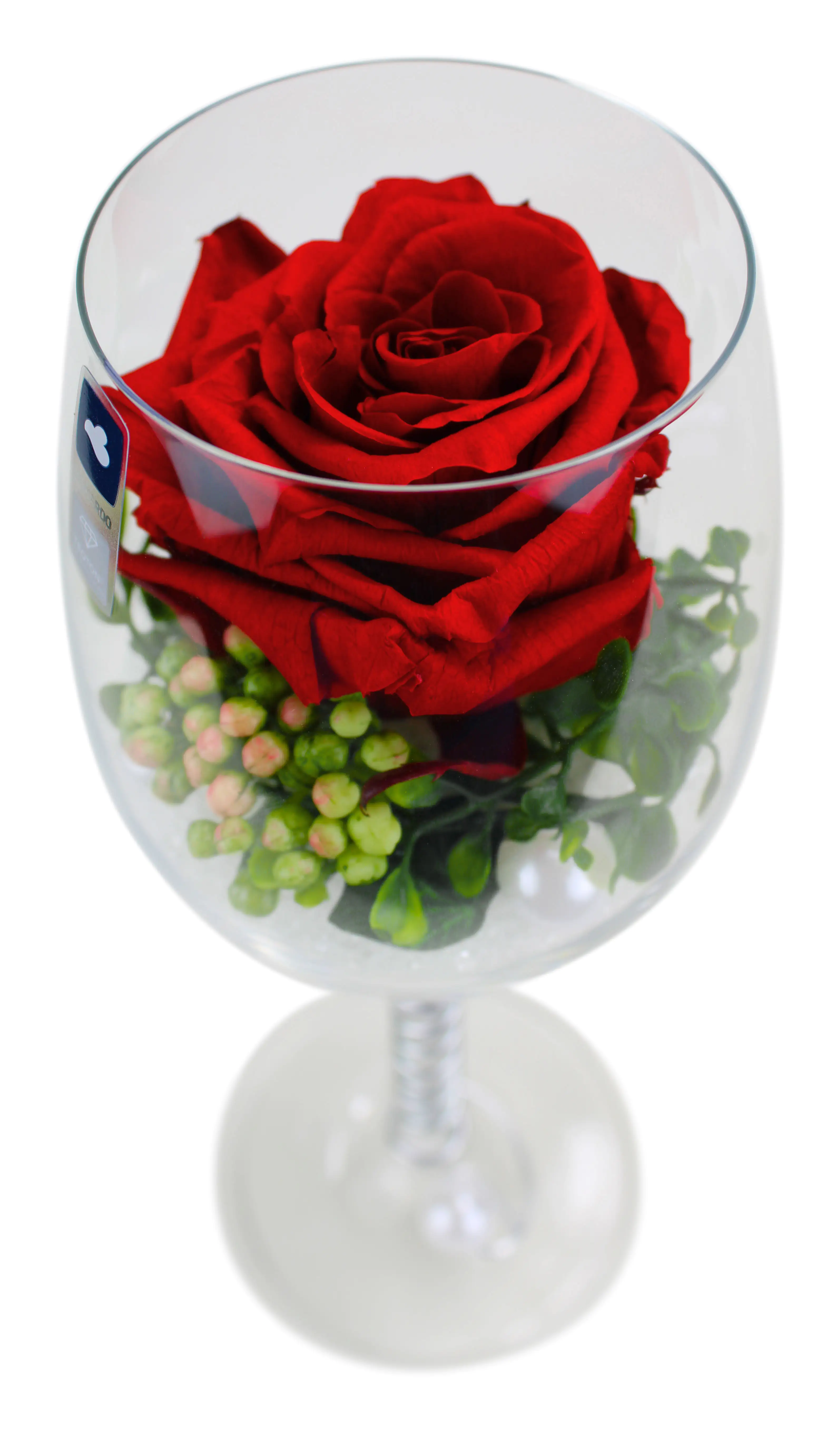 Arrangement Langzeitrose "Long Life", rot im Weinglas mit Deko