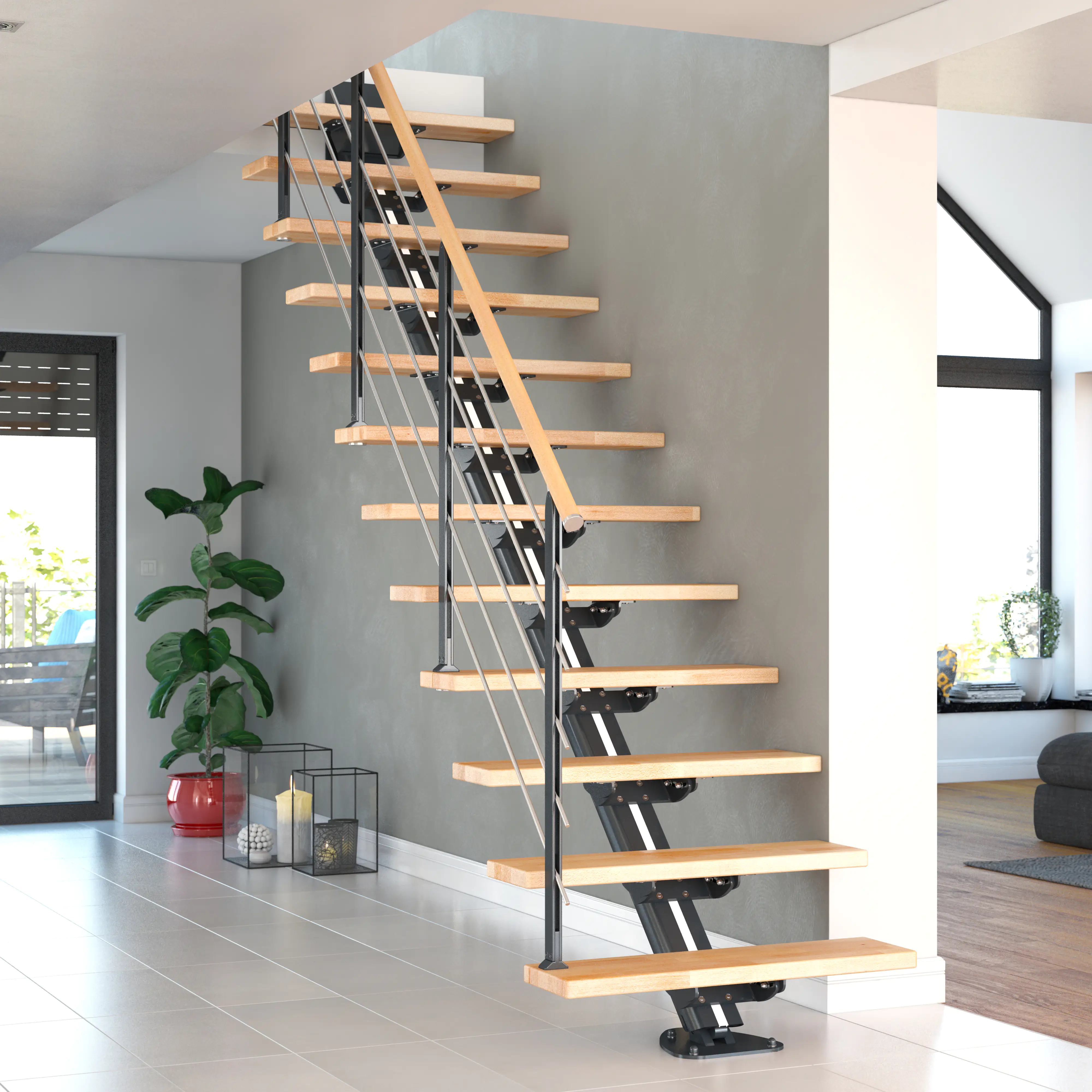 Dolle Mittelholmtreppe Sydney Buche 75 cm 11 Stufen gerade mit Geländer anthrazit