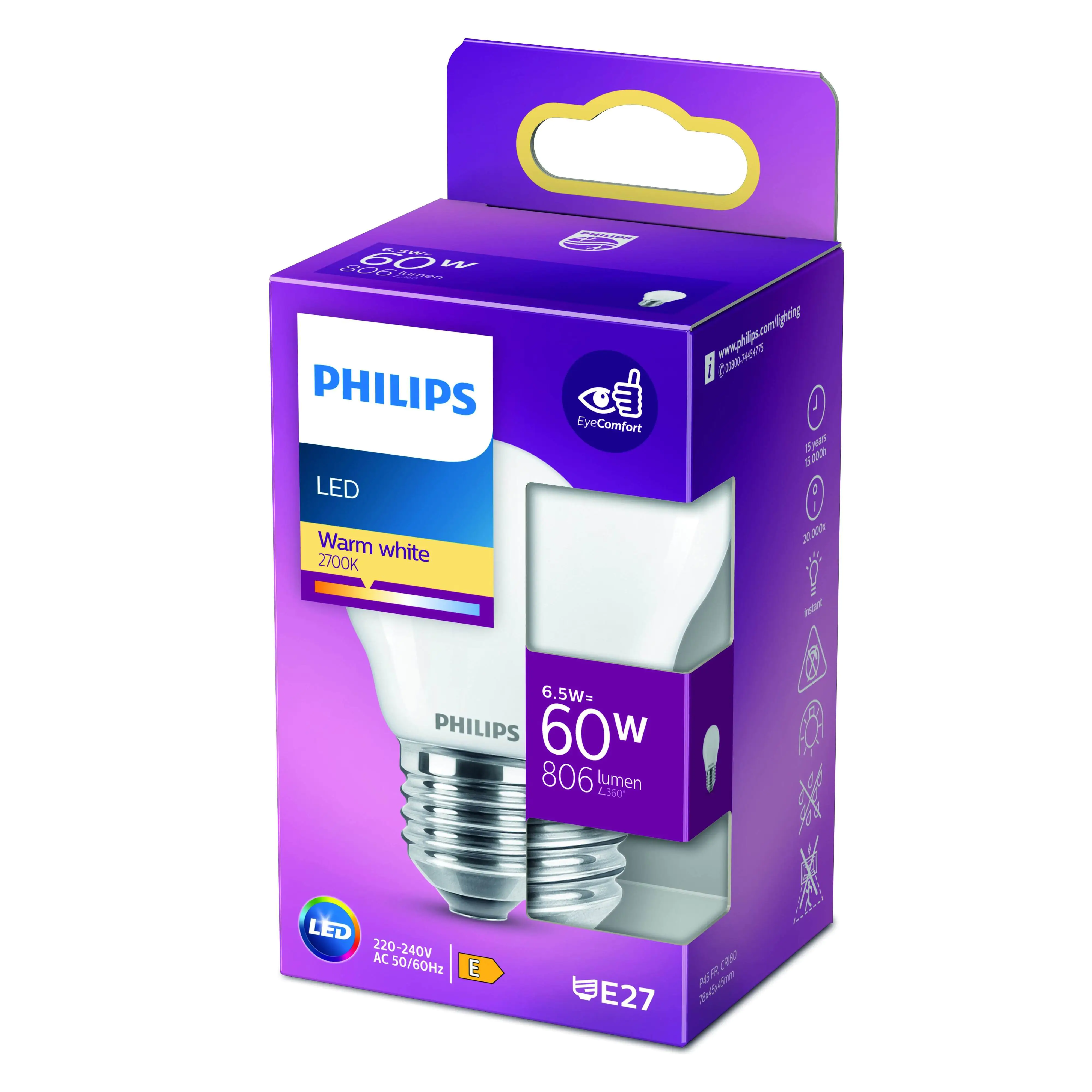 Philips LED-Leuchtmittel Filament Tropfenform P45 E27 6,5W warmweiß matt