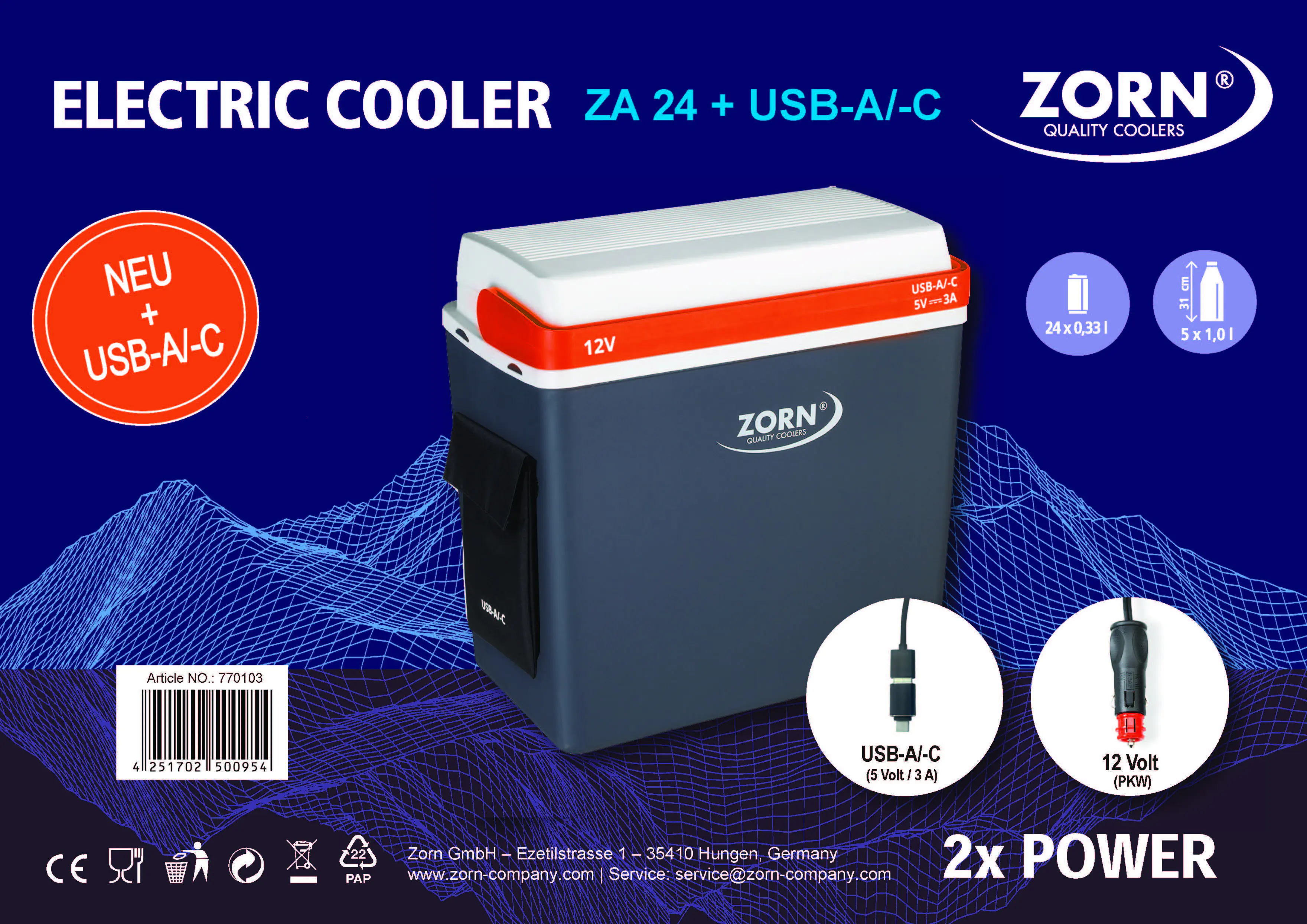 Zorn Kühlbox ZA24 mit 12V Anschluss und USB