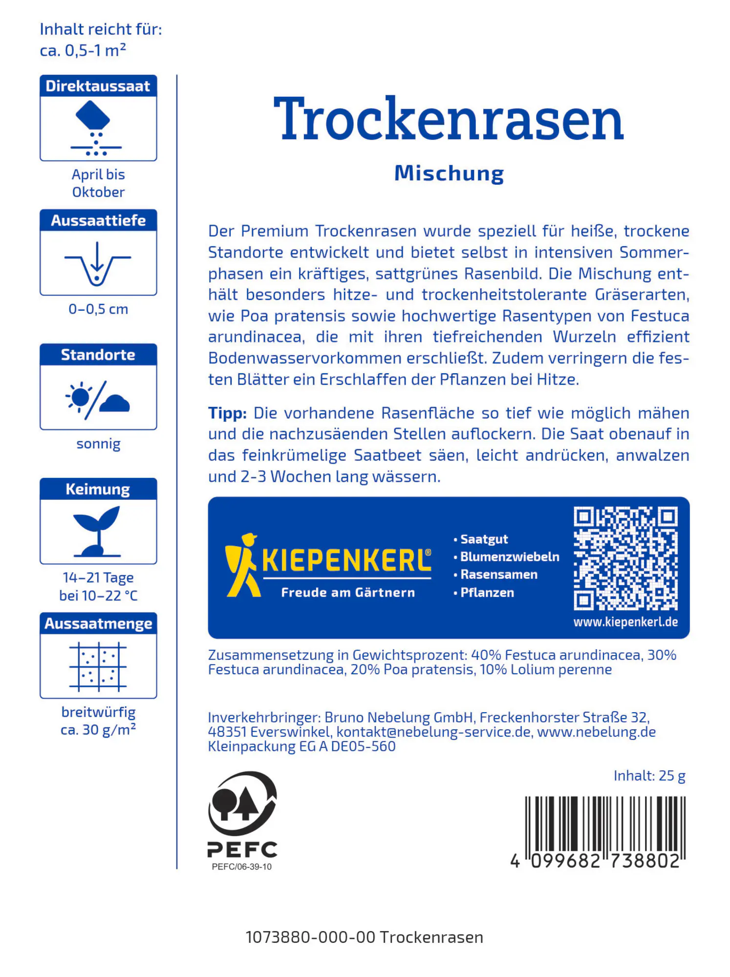 Kiepenkerl Saatgut Profi-Line Premium Trockenrasen 25 g für ca. 0,5 - 1 m²