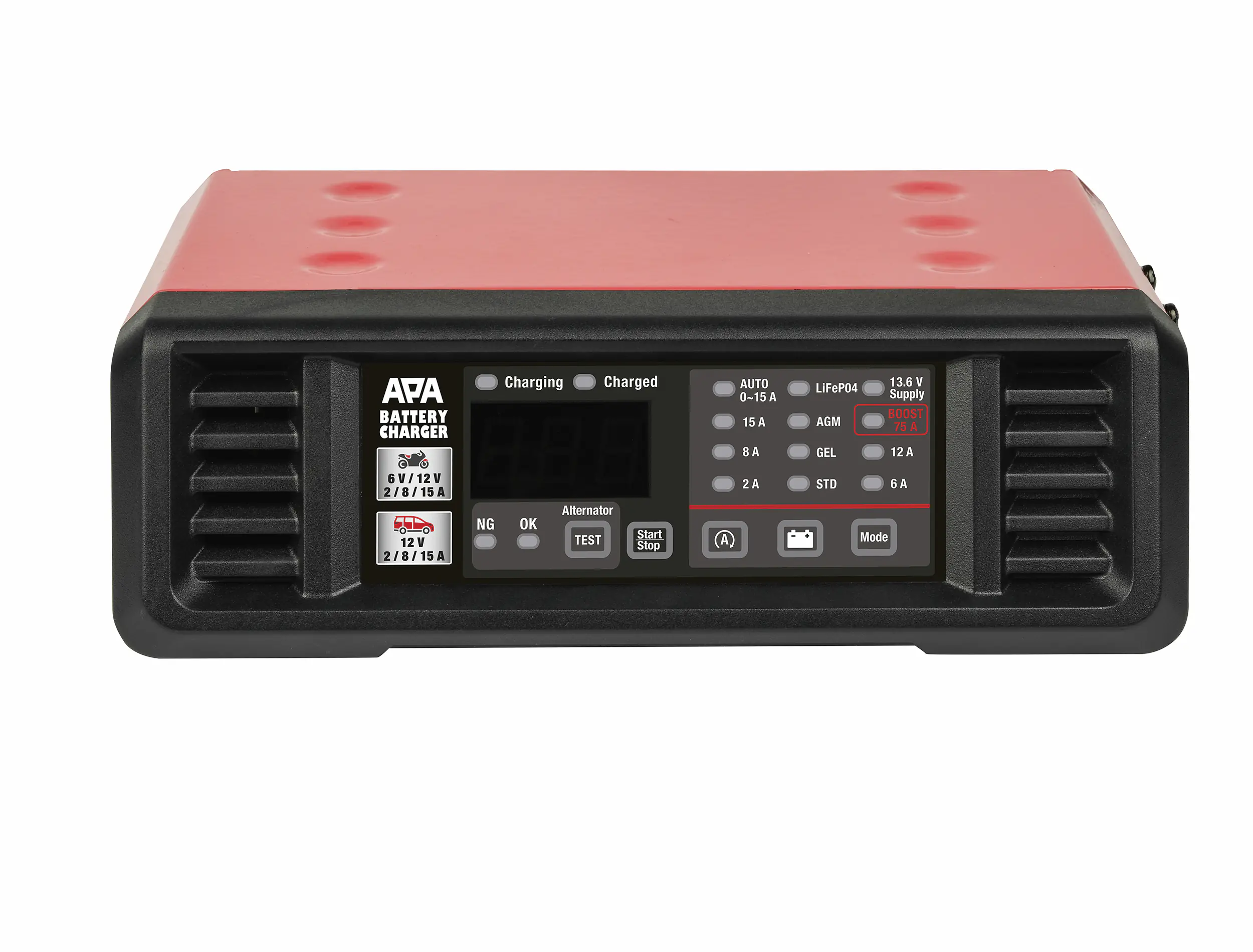 APA Werkstattladegerät für Fahrzeugbatterien 6/12 V 15 A mit 75 A Starthilfe
