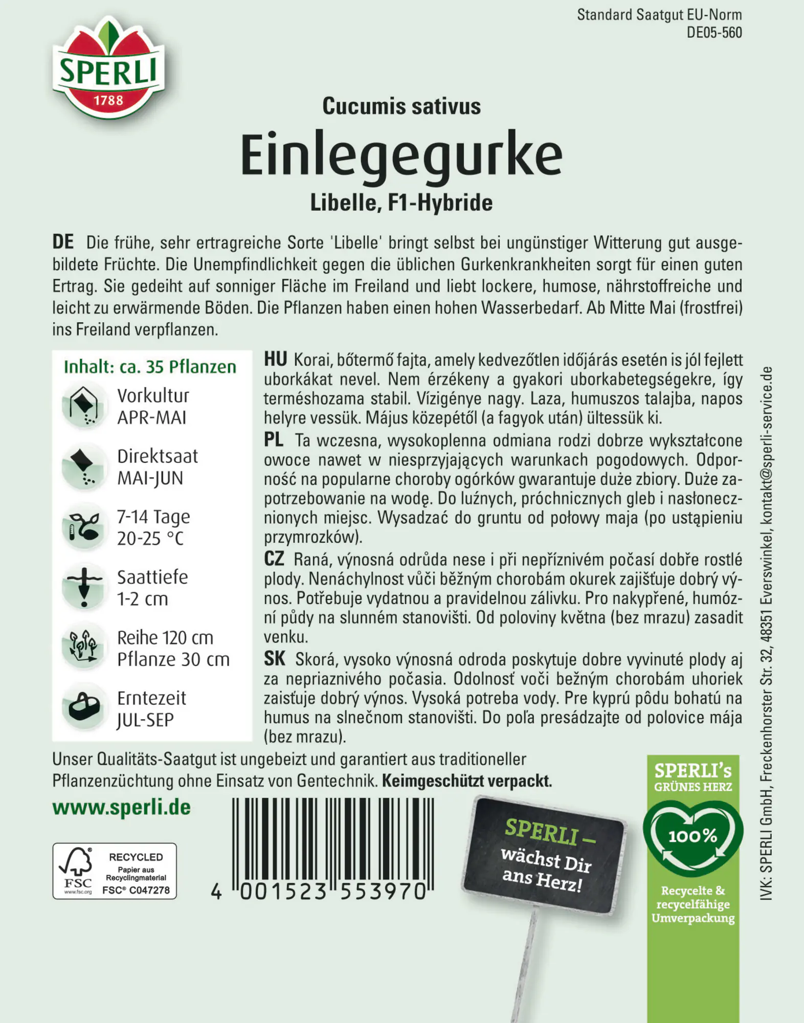 Sperli Saatgut Einlegegurken Libelle F1 für ca. 35 Pflanzen