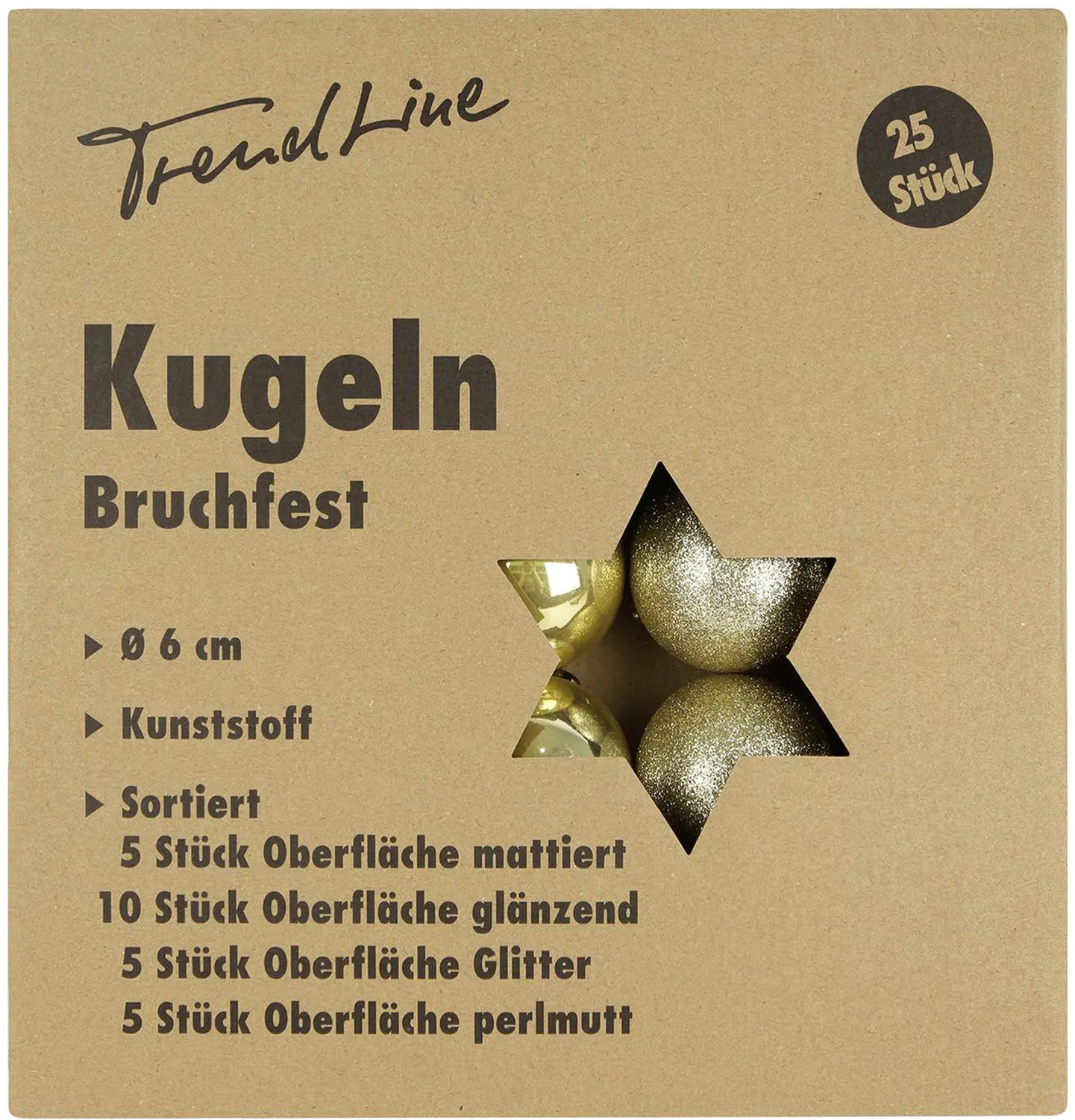 TrendLine Weihnachtskugeln bruchfest, langlebig Ø 6 cm gold 25 Stück