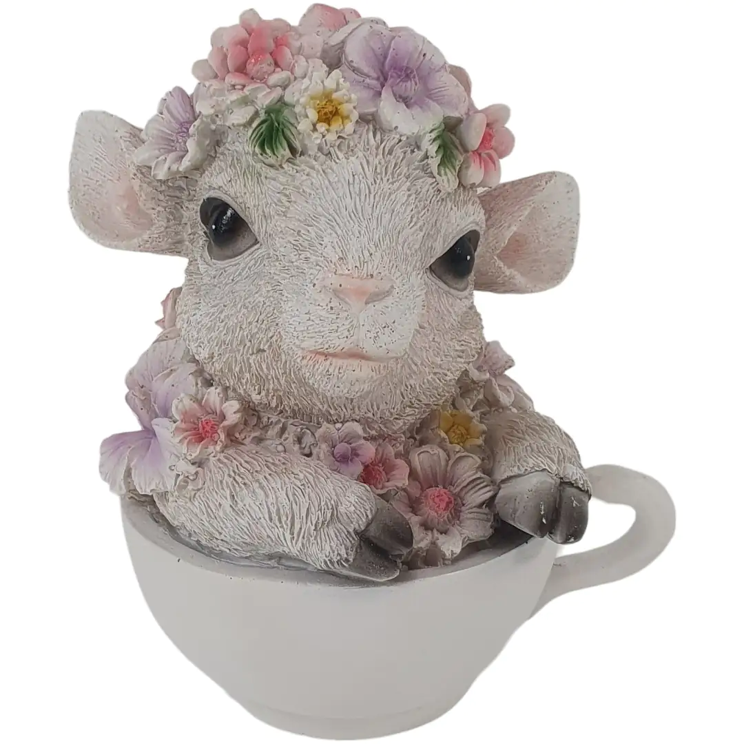 Dekofigur Schaf mit Blumen in Tasse 15 x 12,5 x 10,5 cm weiß rosa