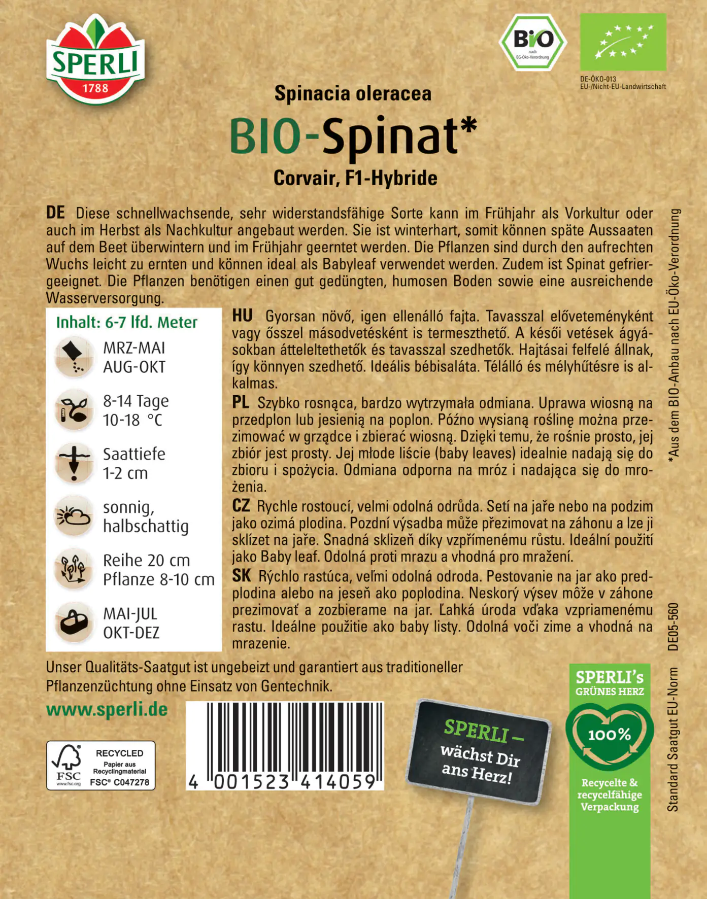 Sperli BIO Spinat