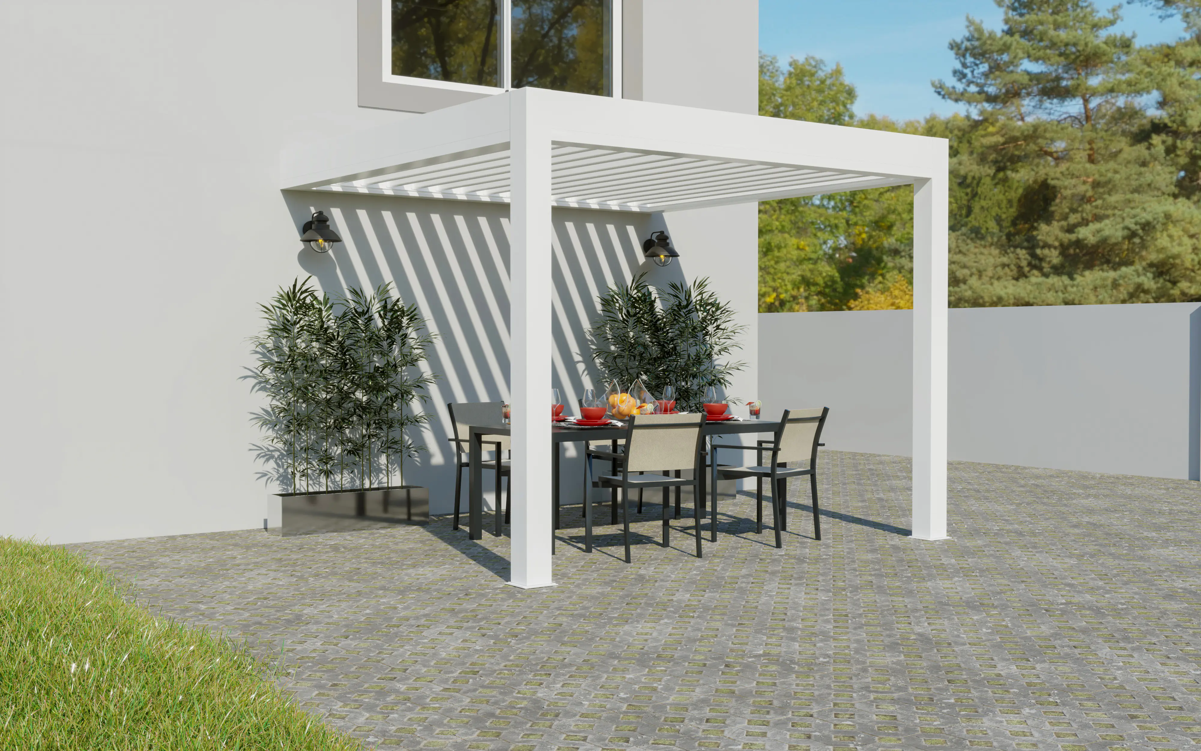 Lamellen Terrassenüberdachung 480 x 406,7 x 273 cm weiß Lamellen Terrassenüberdachung 480 x 406,7 x 273 cm weiß