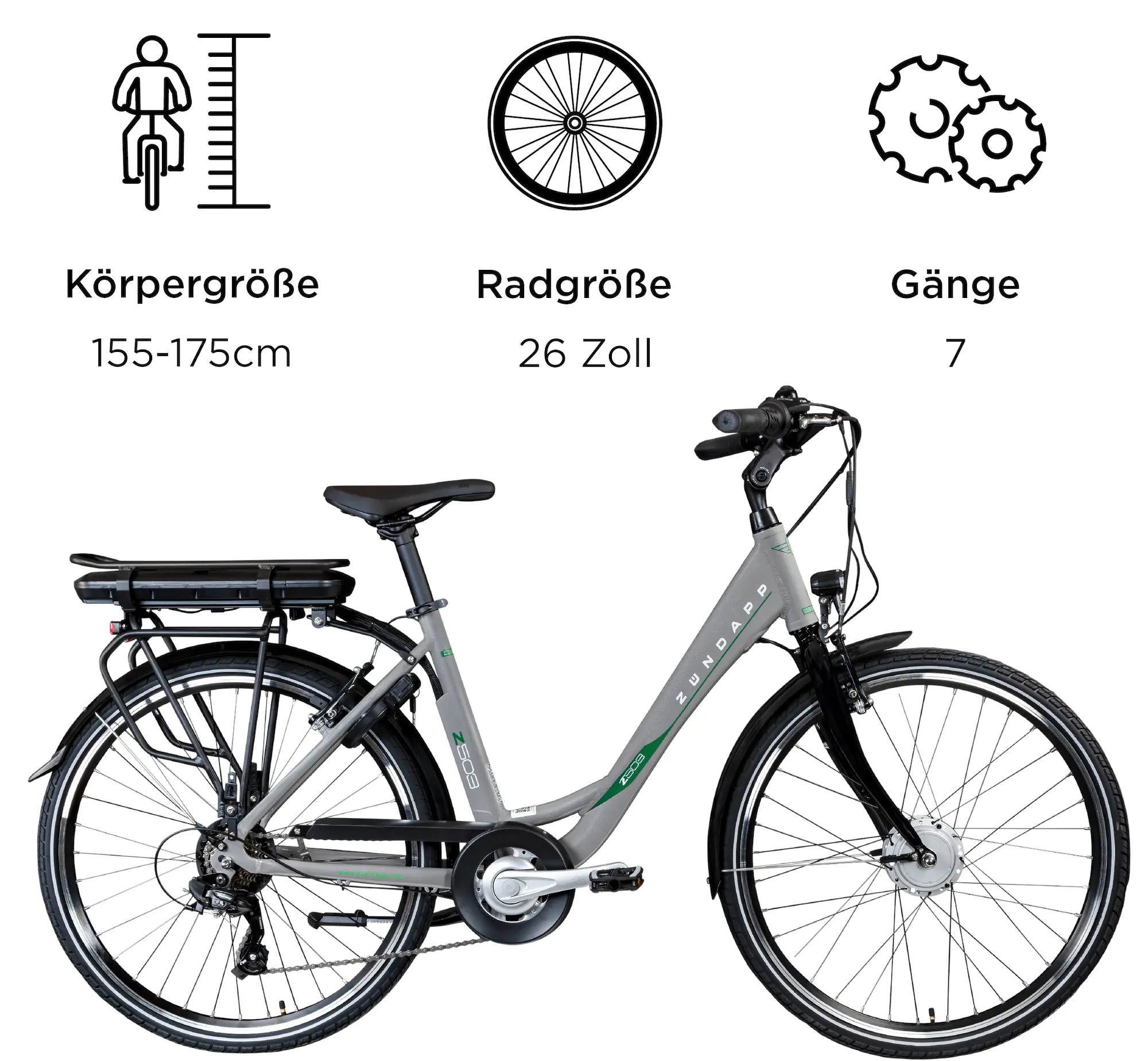 Zündapp E-Bike Z503 City 26 Zoll 7-Gang 522 Wh grau grün