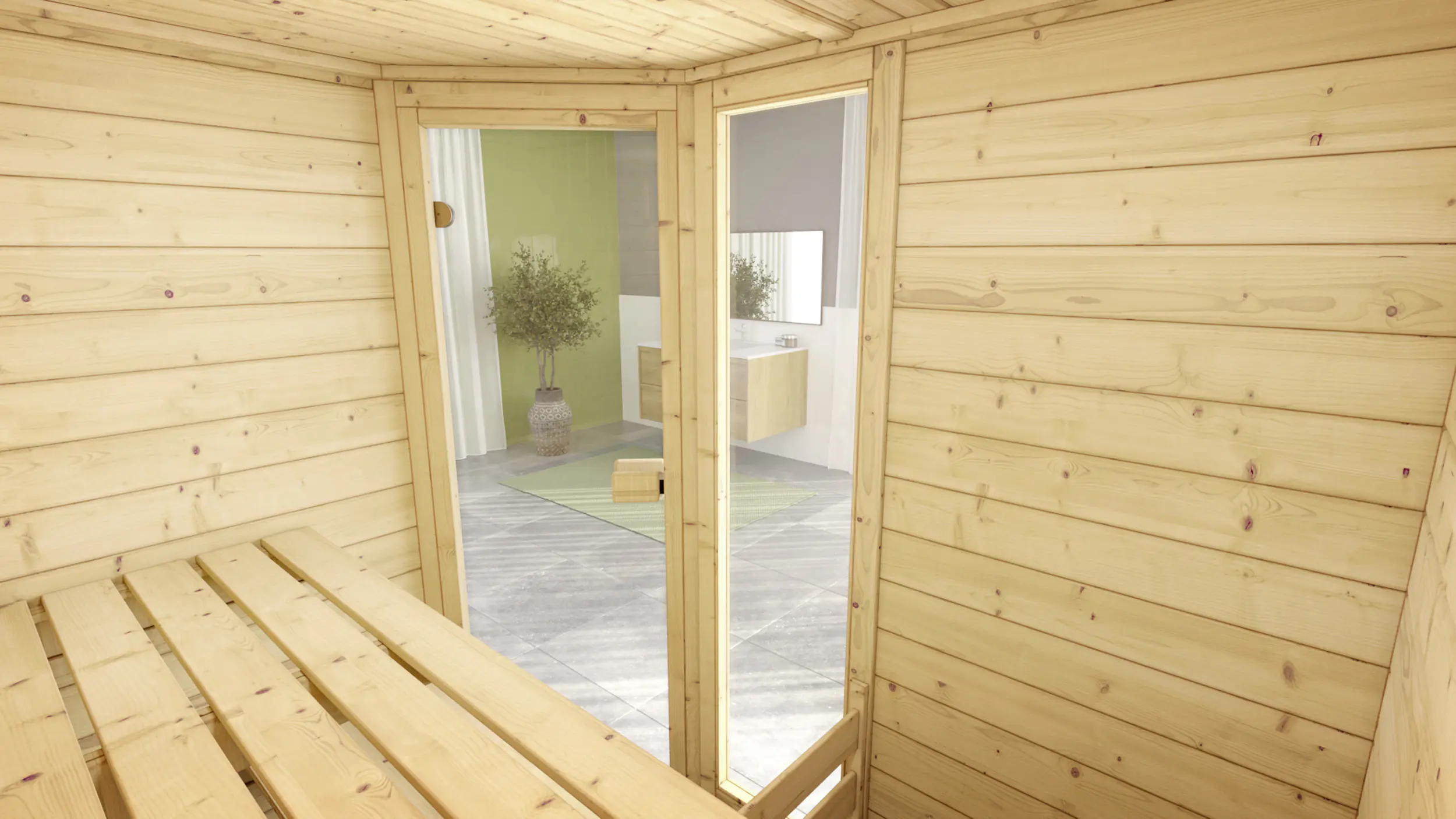 Weka Massivholzsauna Valida Eck 1 mit Glastür