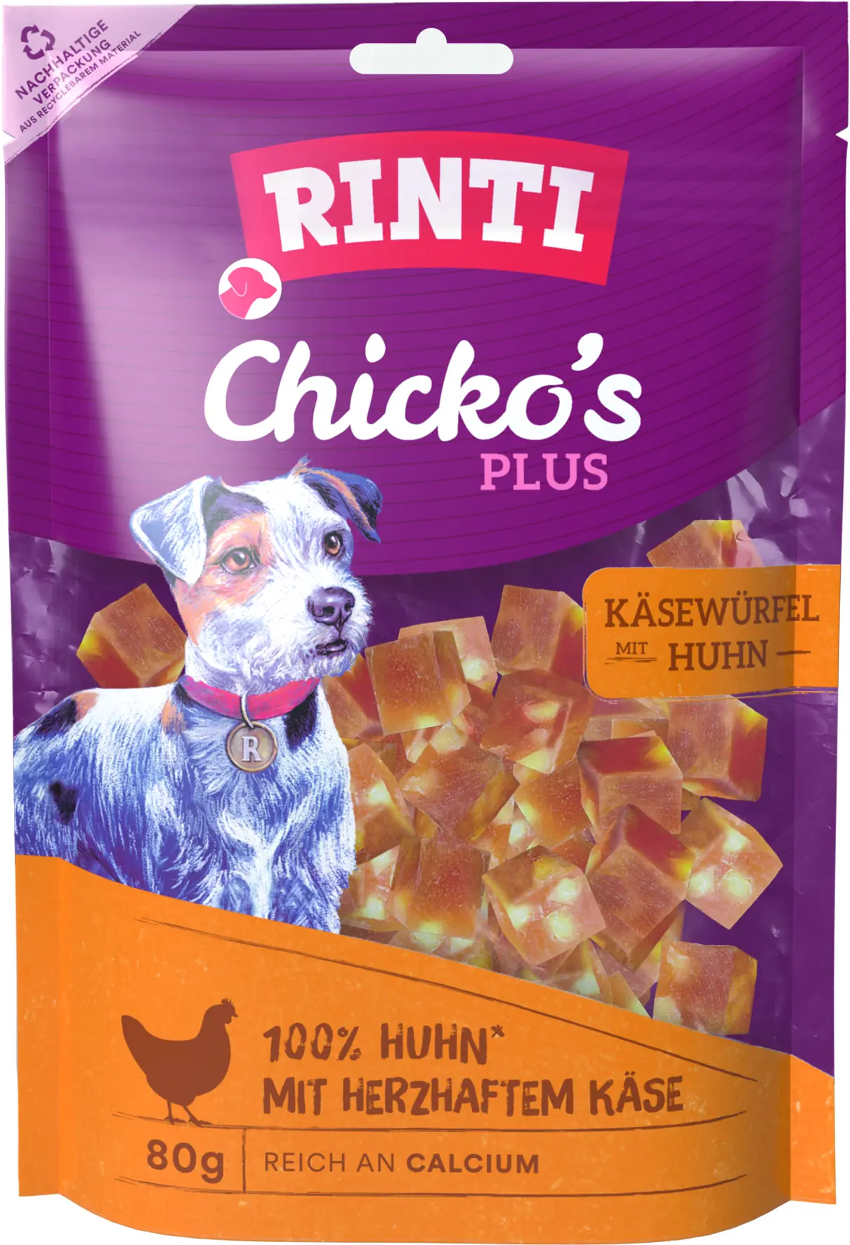 Rinti Chicko Plus Hundesnack Käsewürfel mit Huhn 80g
