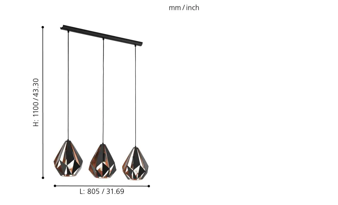 Eglo 3er Pendelleuchte Carlton 1 schwarz-kupfer 80,5 x 20,5 cm E27 Eglo 3er Pendelleuchte Carlton 1 schwarz-kupfer 80,5 x 20,5 cm E27