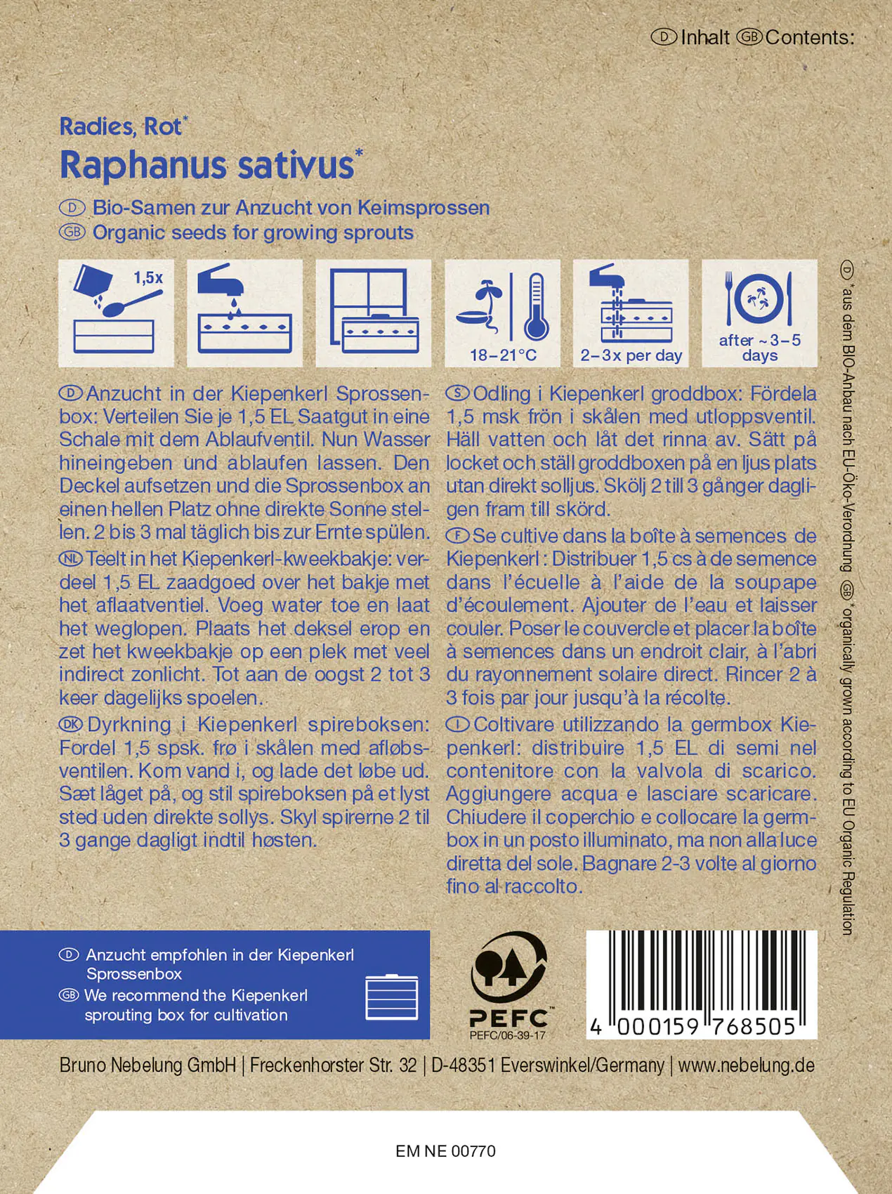 Kiepenkerl BIO Keimsprossen Radieschen rot Raphanus sativus, Inhalt: 30 g