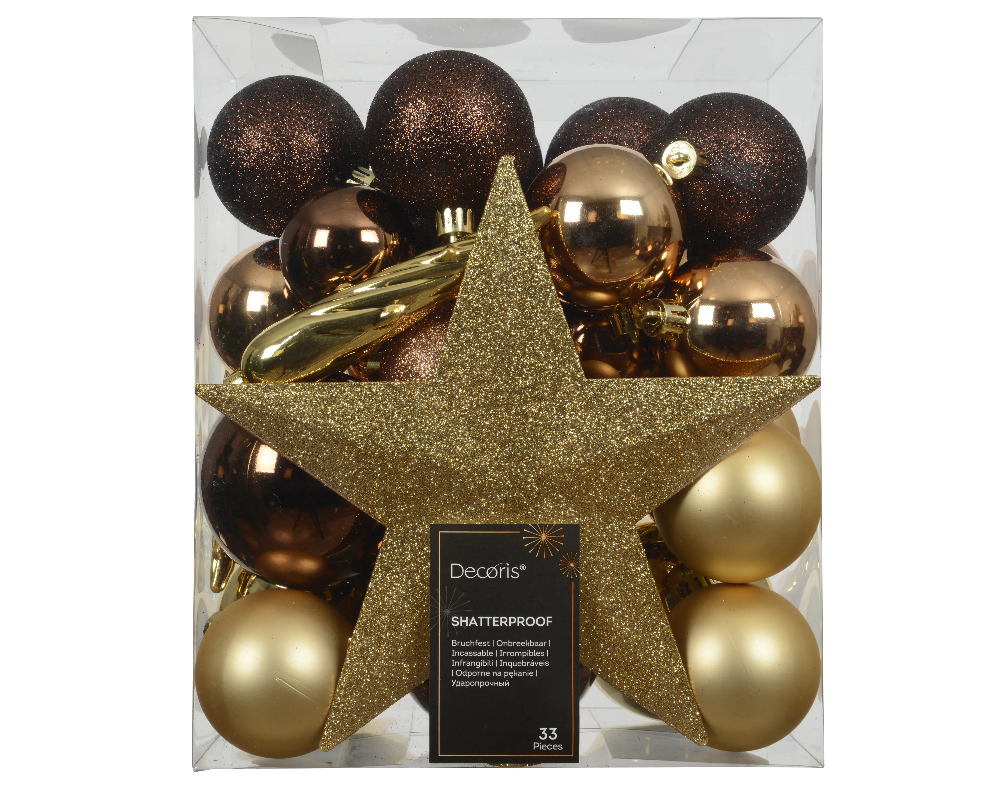 Decoris Weihnachtskugeln mit Christbaumspitze aus Kunststoff bruchsicher Ø 5, 6, 8 cm gold-braun 33 Stück